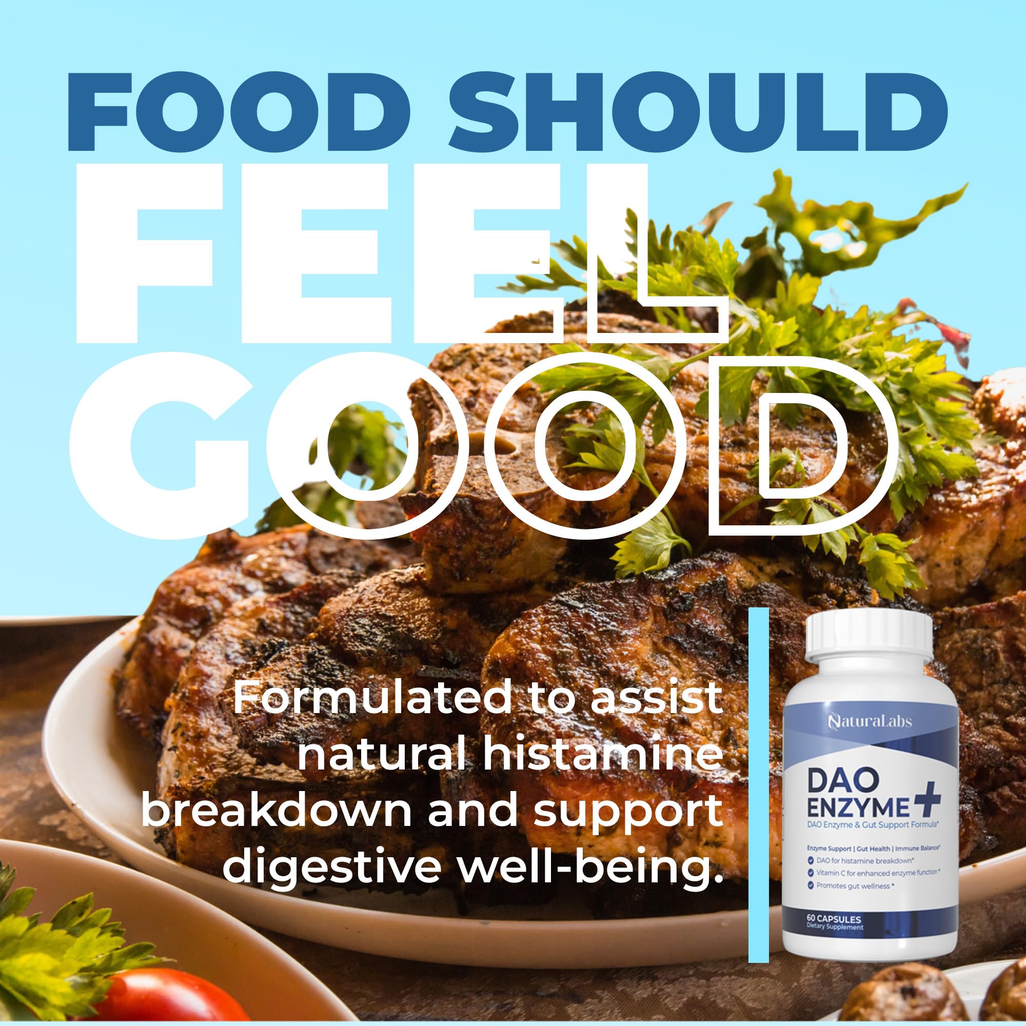 DAO Supplements Histamine Blocker – DAO Enzyme + Diamine Oxidase & Vitamin C for Gut Health & Food Support – 60 Servings - 1 Capsule Before Meals for Histamine Intolerance