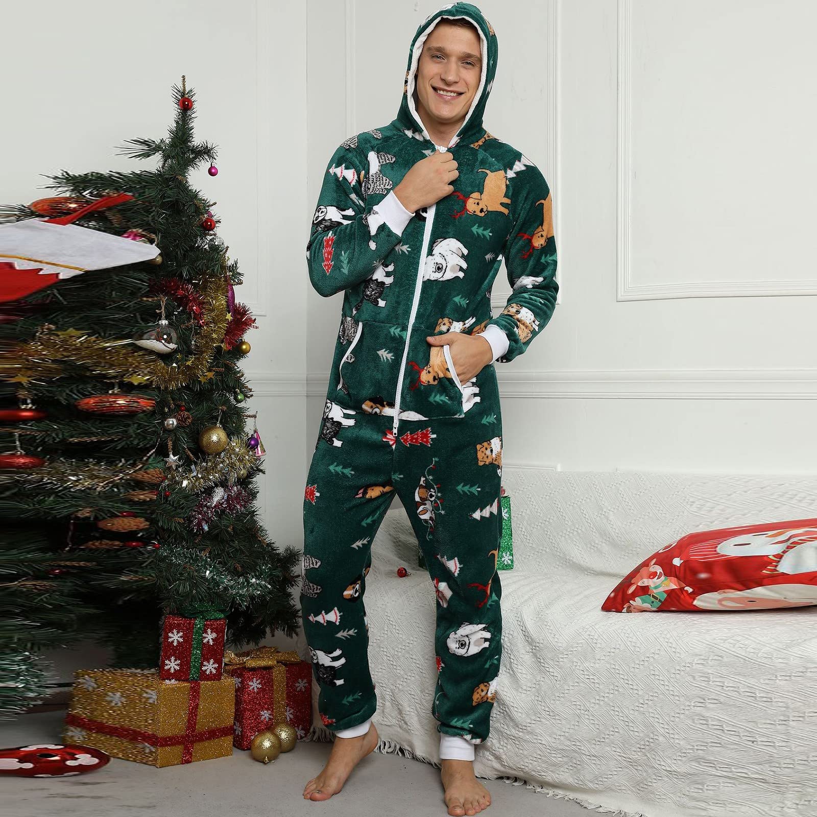 Mono para hombre cálido pijama de Navidad mono con capucha largo de forro polar de una pieza para hombre acogedor y mullido, pijama de felpa
