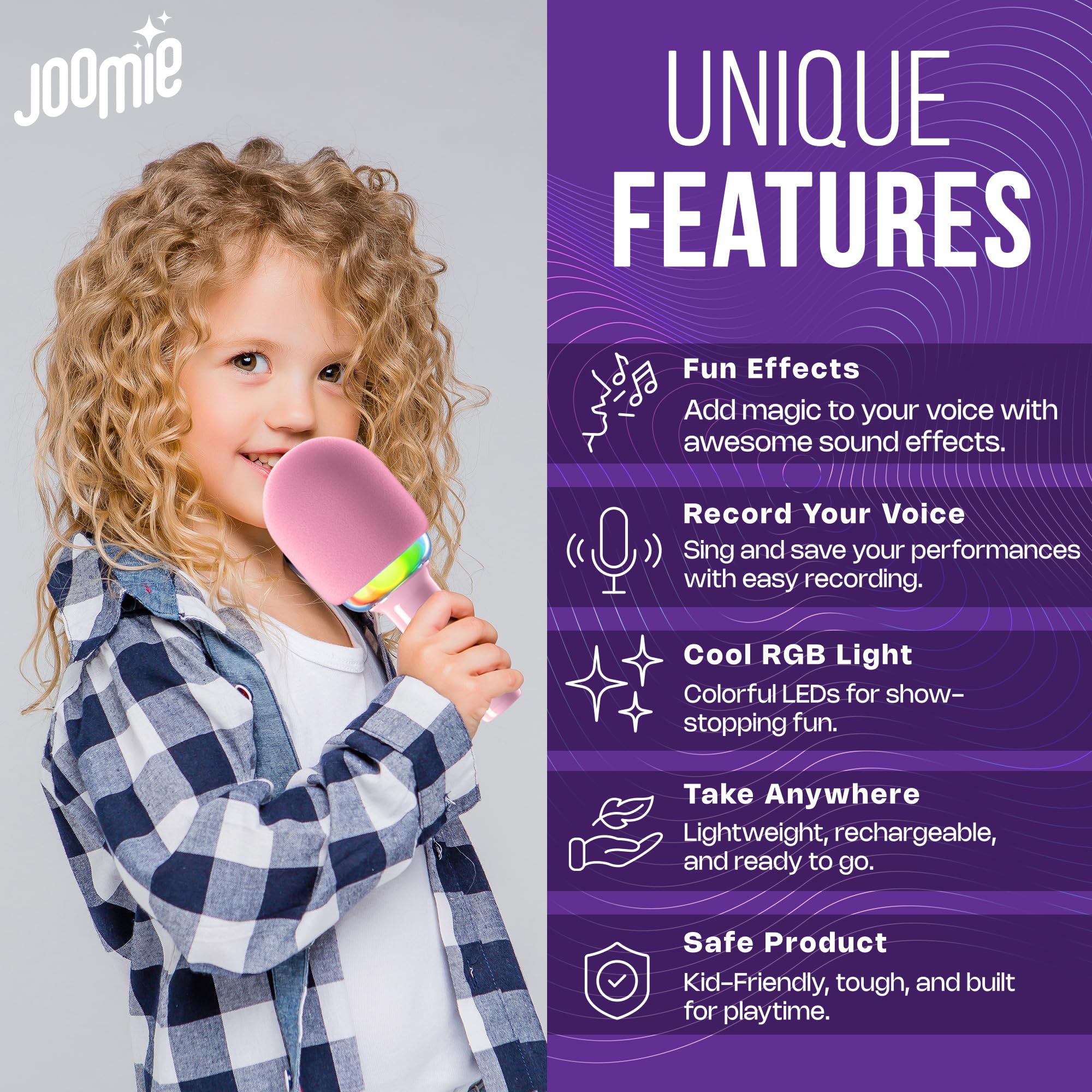 Joomie - Micrófono de karaoke inalámbrico para niños, divertido juguete musical con parabrisas rosa, diseño seguro, controles fáciles y batería de larga duración para fiestas infantiles, citas de 4