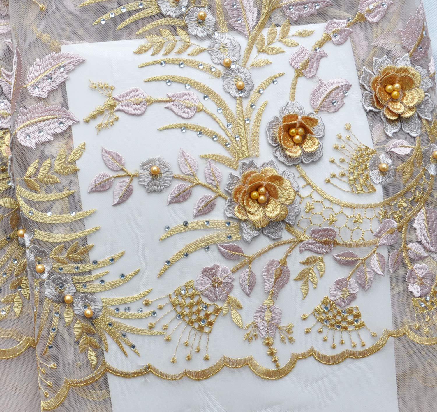 SanVera17 Applique African Lace Fabric 3D Lace Material Net Lace Fabric French Tulle Lace for Wedding Dress (Gold) 5 Yards