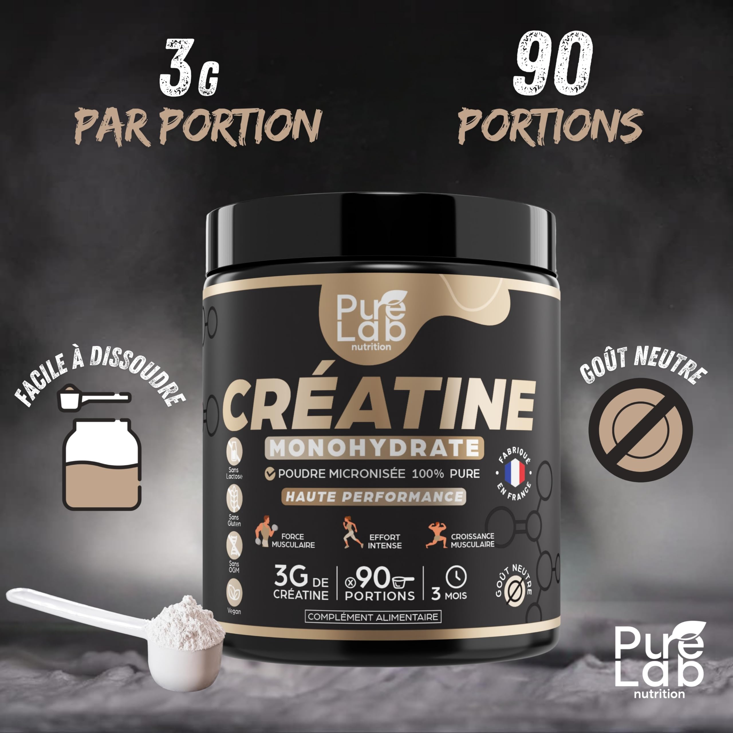Créatine monohydrate poudre 100% pure de qualité micronisée - 90 portions - Haute Absorption - Performance, Force, Masse Musculaire et Efforts Intenses - 100% vegan