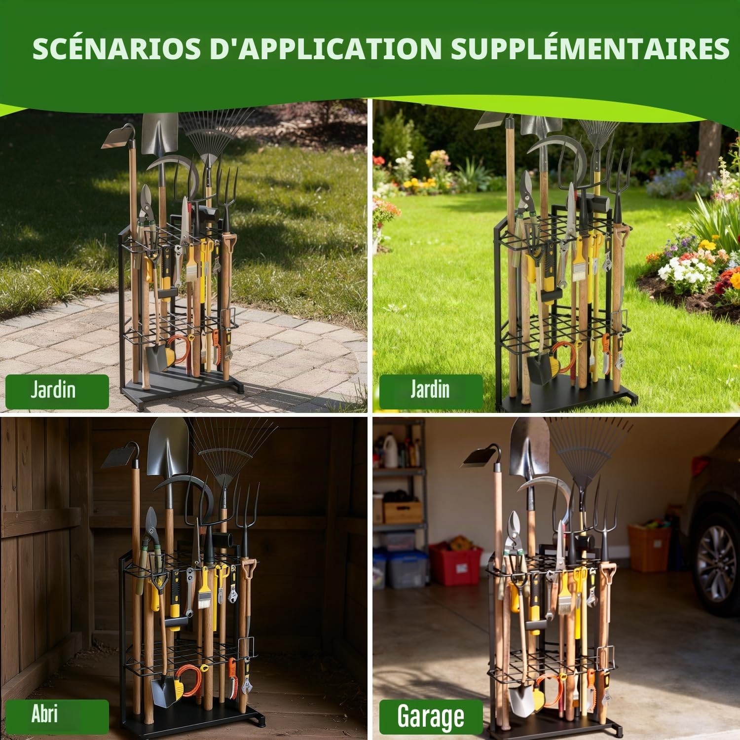 Organisateur d'outils de jardin avec crochets, étagère de rangement, rangement d'outils de jardin pour garage, abri de jardin, cour