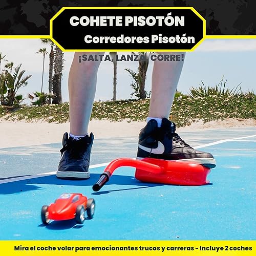 Vista 2 de Stomp Racers con energía de aire de Stomp Rocket, paquete de 2 autos de carreras - Lanzador de juguetes de carreras de duelo Stomp Racers