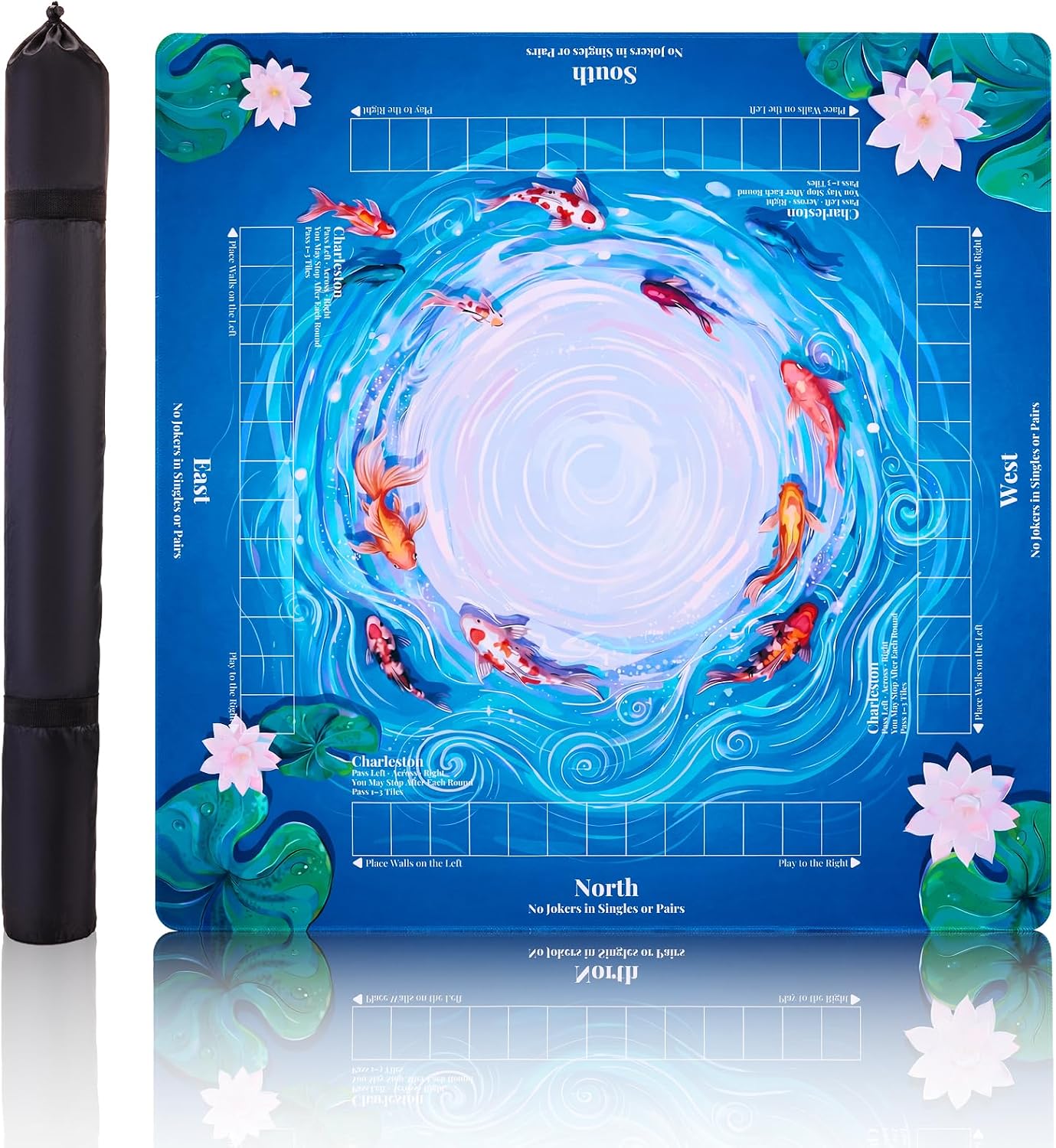 Koi Fish Mahjong Mat for Table, 31.5''x31.5'' Non-Slip American Mah Jongg with Bag for Poker,Board Games,Dominoes,Cards Tile Games (Fish Lotus)