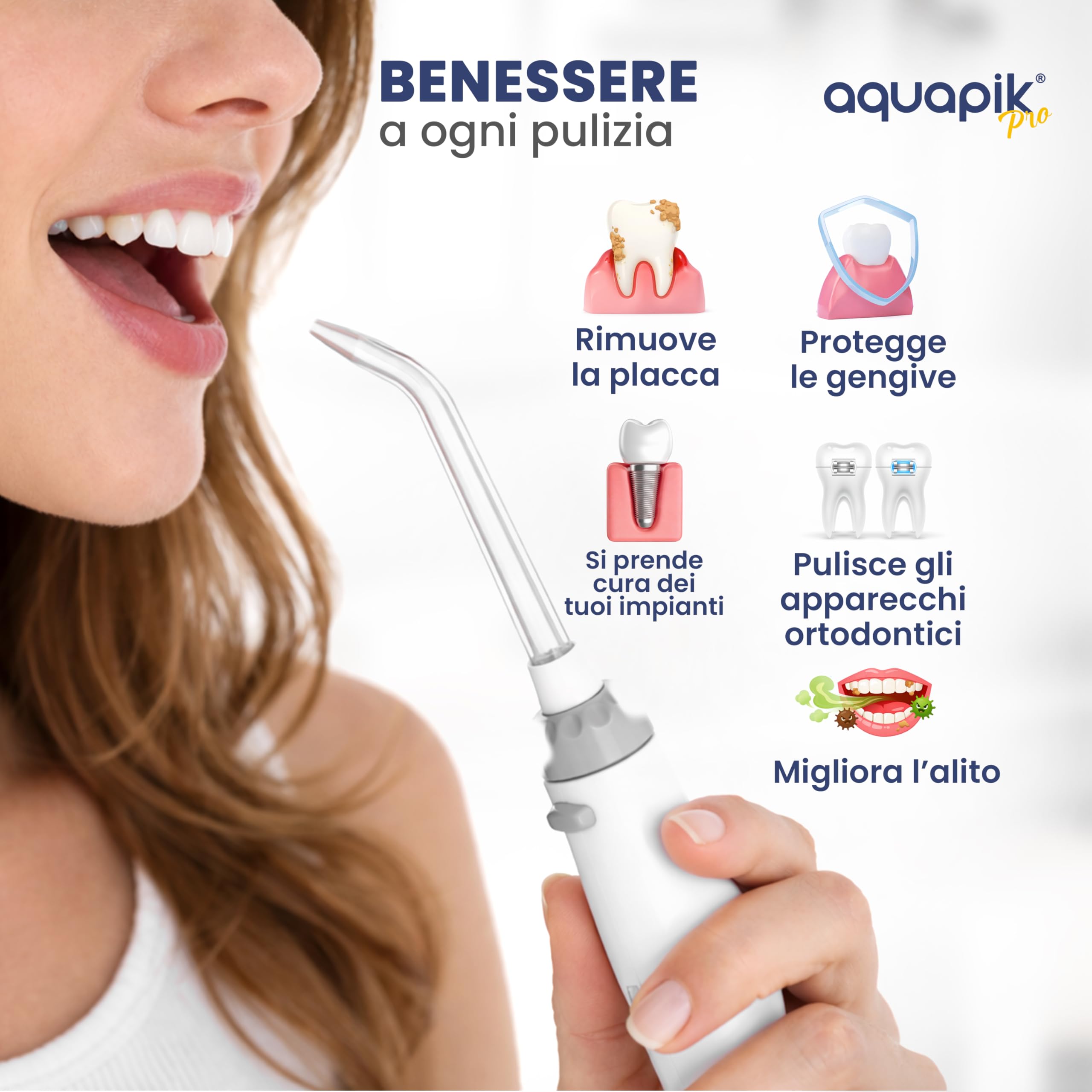 Aquapik PRO Idropulsore Dentale da Tavolo, Irrigatore Orale 600 ml con 8 Ugelli e 10 Livelli di Pressione, Ugello Rotante 360°, per Pulizia Interdentale, Apparecchi e Impianti, Bianco
