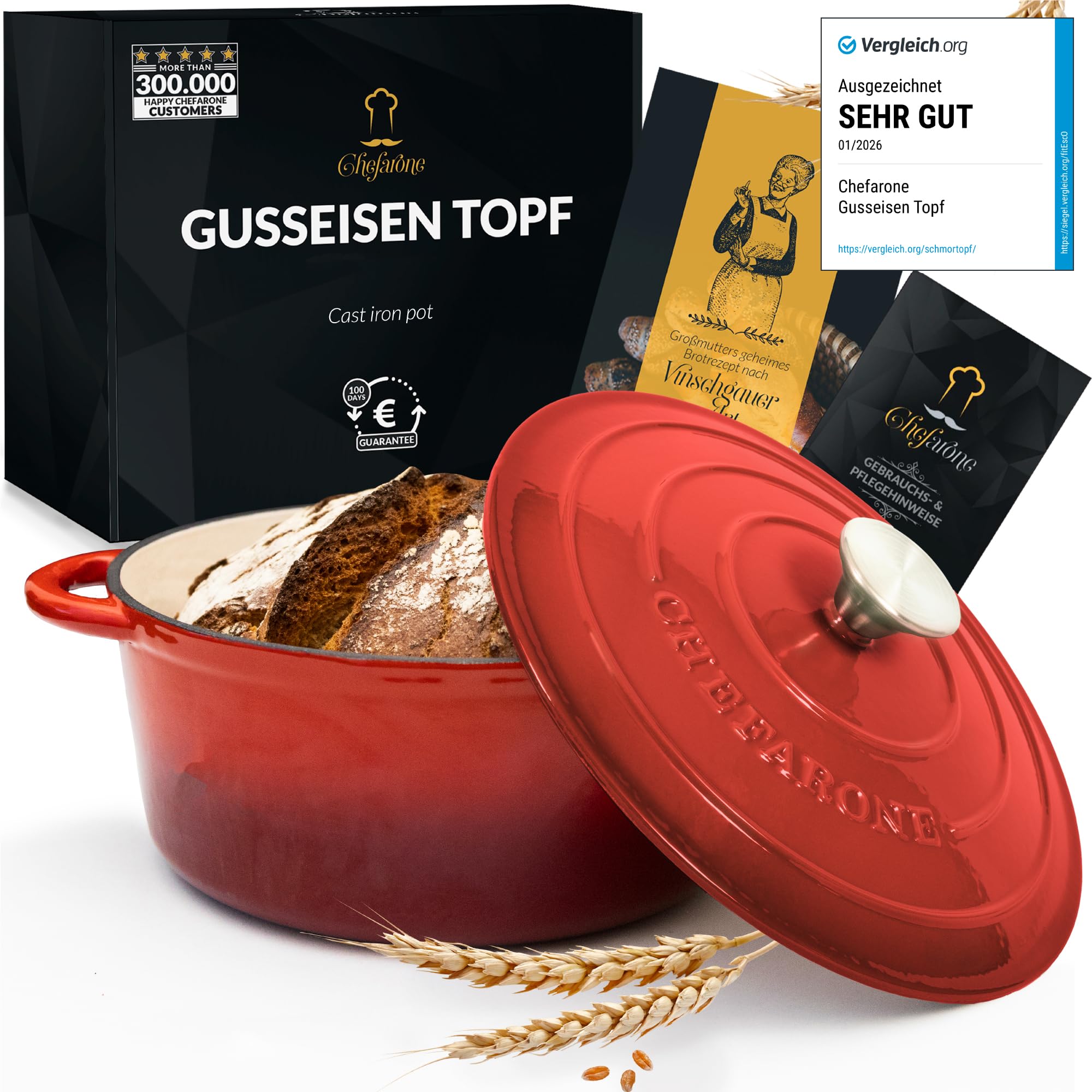 Chefarone Gusseisen Topf 26 cm 4,7 L Emailliert Cocotte Bräter