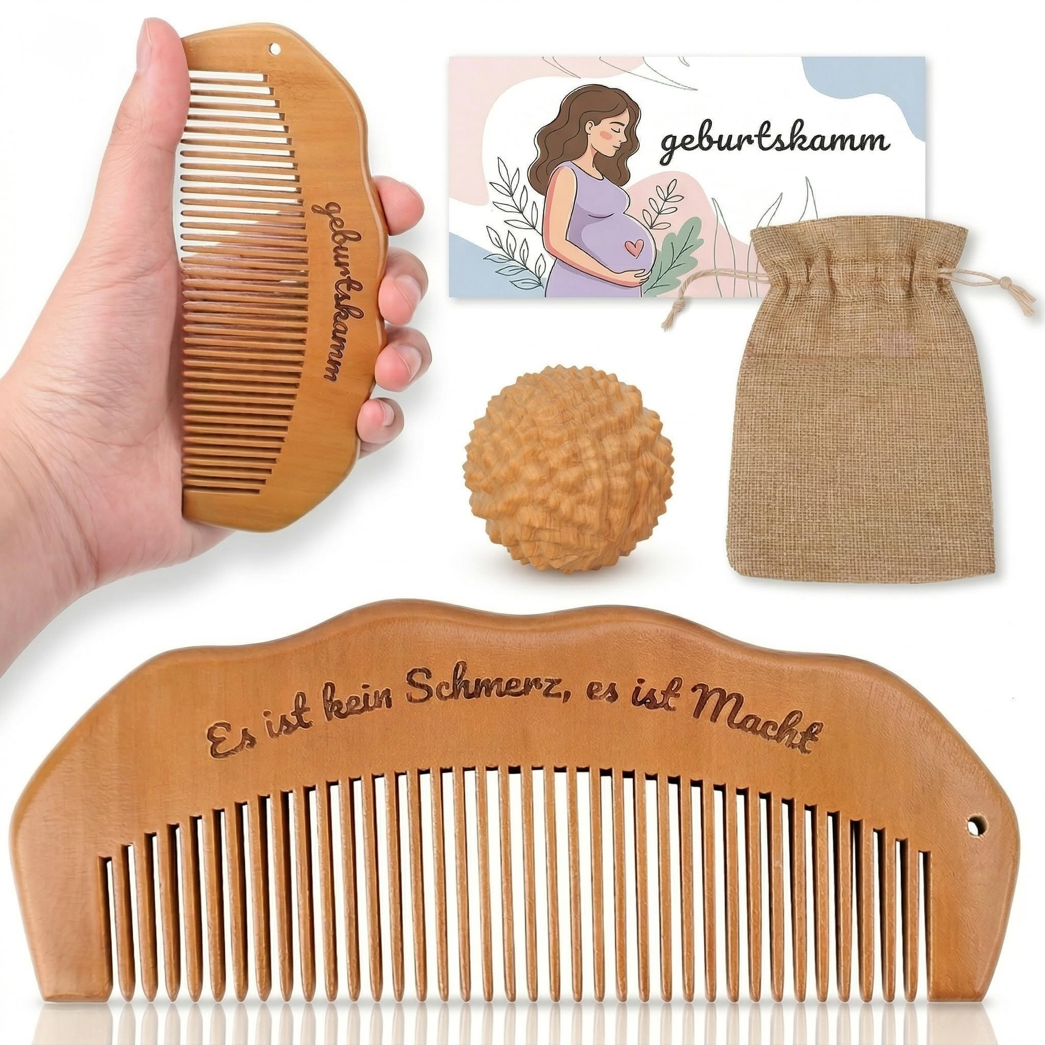 Geburtskamm Wehenkamm mit Massageball Set, zur Schmerzlinderung bei der Geburt, Geschenk für Schwangere & Wochenbett Essentials-Geschenkidee für werdende Mütter,Ideales Postpartum Essentials