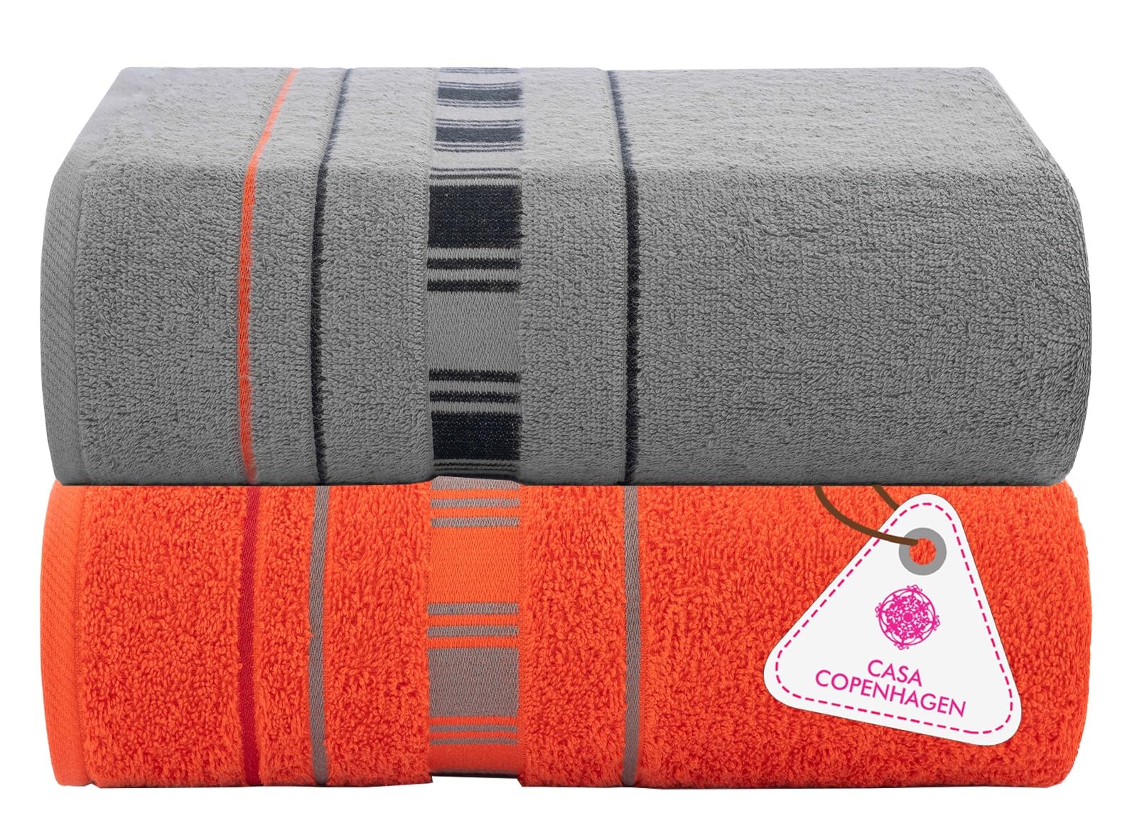 Casa Copenhagen X Lines Juego de Dos Toallas baño Grandes, de 90 x 180 cm, Gris Rojo, diseñadas en Dinamarca y Fabricadas con Suave algodón Egipcio, Ideales para el baño, la Cocina y la Ducha. | Xland - 100% puro algodón egipcio para baño, ducha y piscina