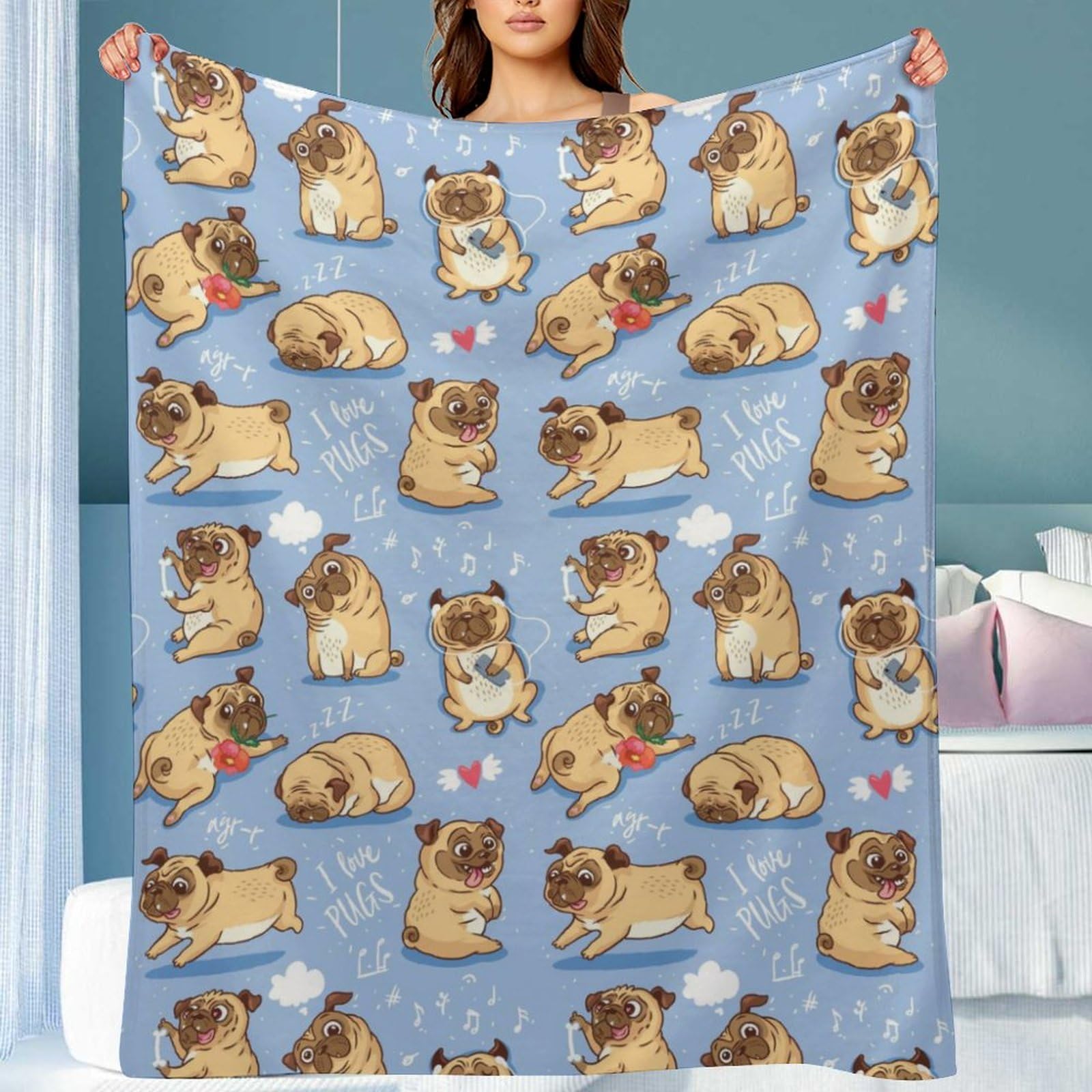 Begarm Cute Pug Dog Puppies Throw Blanket Soft Bed Blankets Lightweight Cozy Plush Flannel Fleece Blanket for Sofa Couch Bedroom 60"x50"