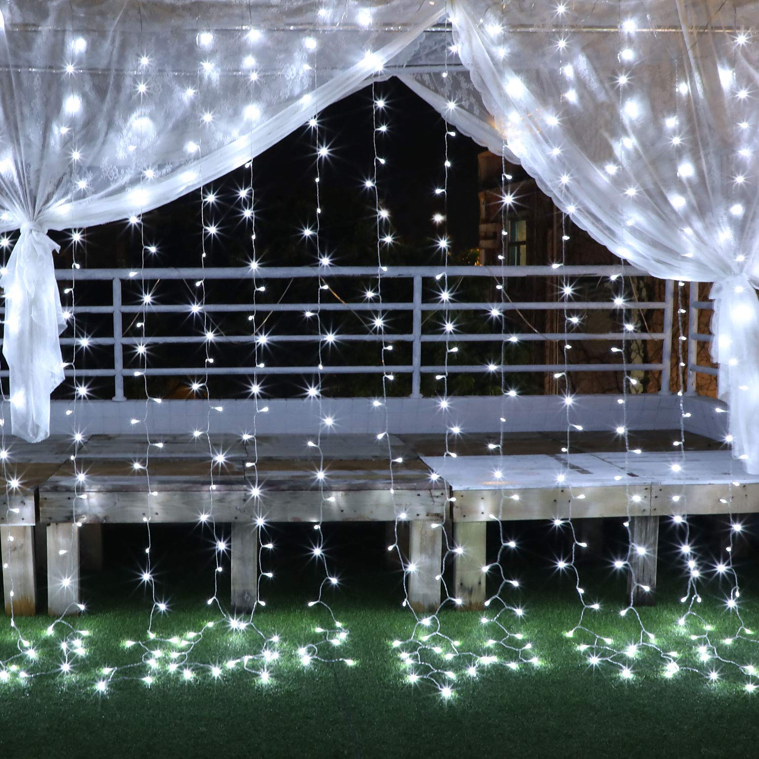 YMing Cortina de luz 3x3m 300 luces LED de cascada con 8 patrones de iluminación Cortina de luz impermeable para jardín al aire libre y decoraciones de habitaciones interiores Año nuevo, fiesta, bodas