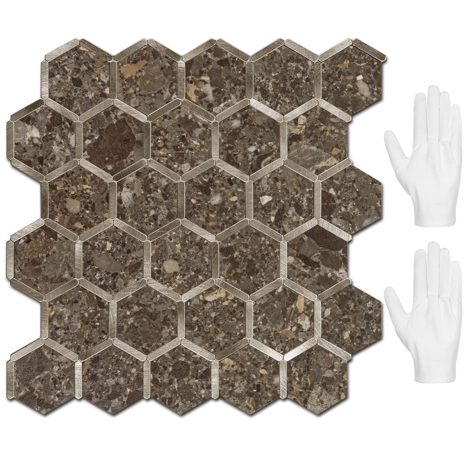 STICKGOO Hexagon Peel and Stick Backsplash Tile, Stick on Backsplash for Kitchen and Bathroom, Dark Brown Terrazzo PVC Mixed Metal Gold Self Adhesive Wall Tiles(10 Sheets, Seamless)