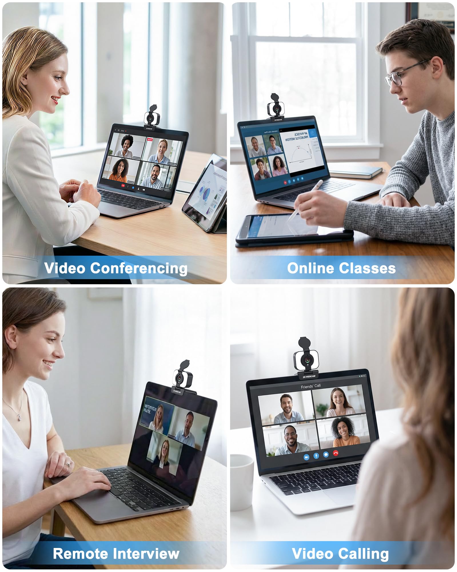 Atatat 2K Webcam for PC with Microphone & Light & Privacy Cover, Web Camera for Desktop/Laptop/Monitor/Mac, Autofocus USB Computer Camera for Zoom/Skype/Teams/Video Calling/Meeting/Streaming — view 9