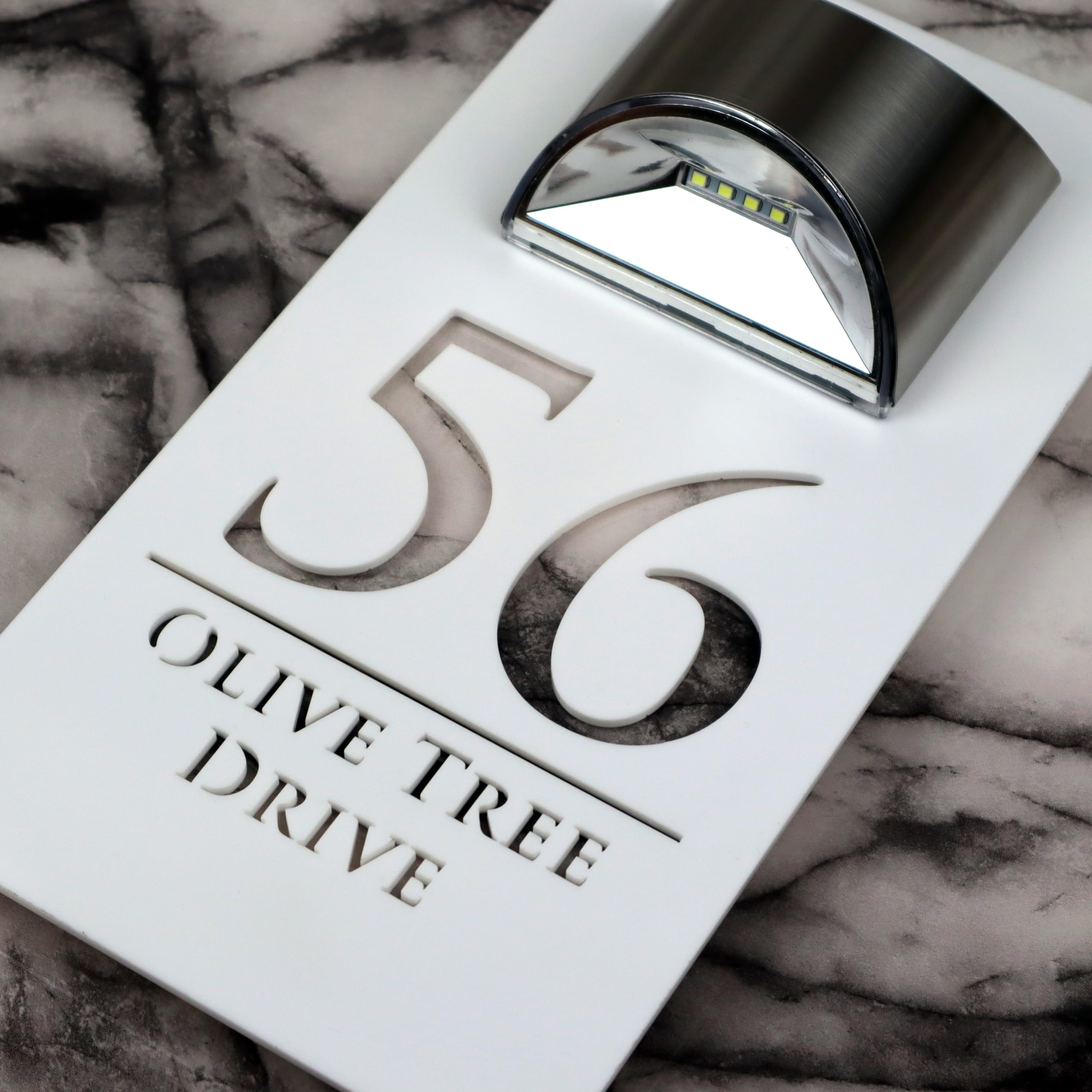 K Smart Sign | Bellissima LED F32 | Contemporary House Signs Plaques Door Numbers 1-9999 Street Name SOLAR LIGHT LED For Wall Personalised Laser Cut Mirror! (Matt White & White Marble) — image 1