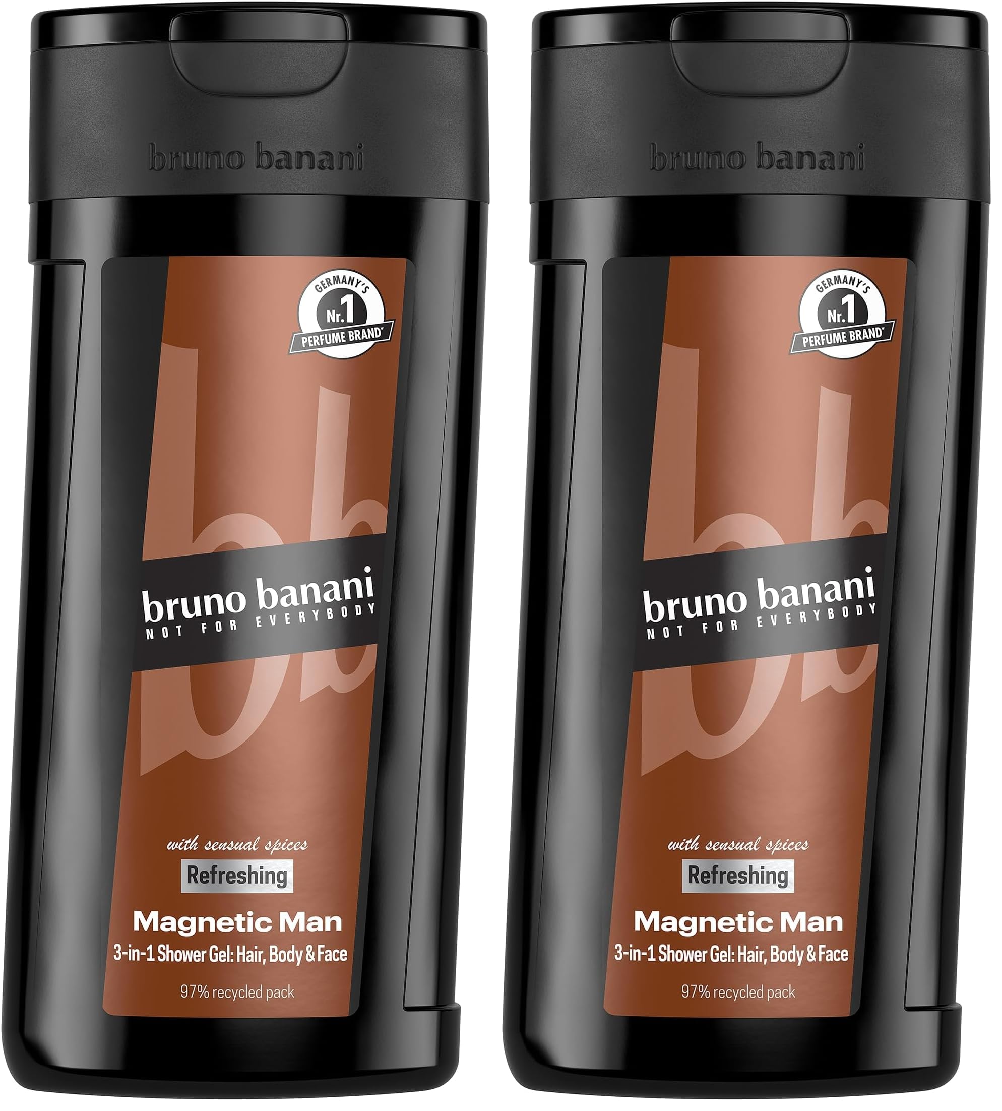 bruno banani Magnetic Man Shower Gel, 3-in-1-Duschgel mit fesselnd-holziger Ambernote, 250ml (Packung mit 2)