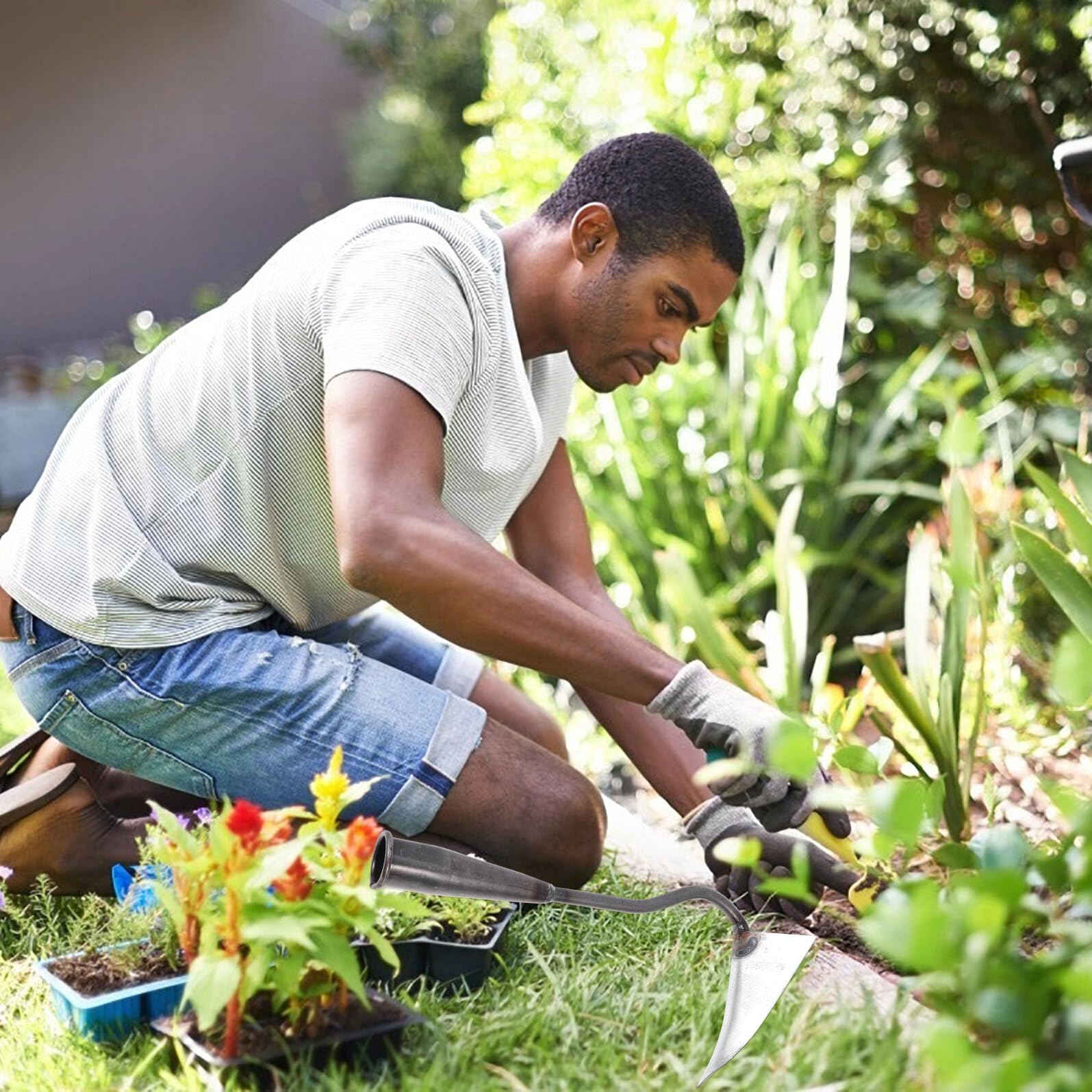 SHINEOFI Azada de Mano Triangular Multifuncional para Jardinería Herramienta Ligera y Práctica para Deshierbar y Preparar Suelo Huertos y Jardines