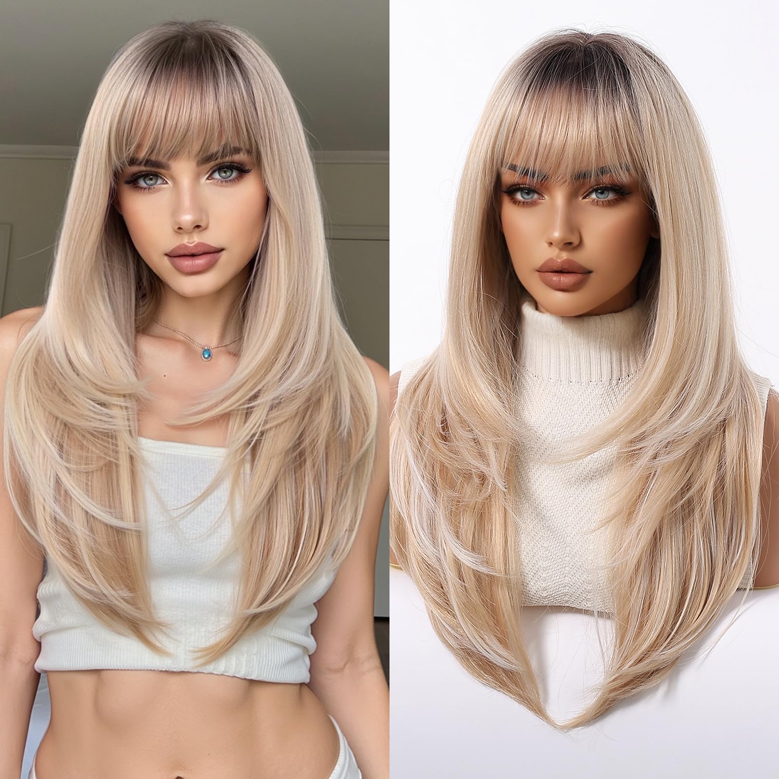 Gradient Blonde Wigs Human Hair Long Straight Layered with Bangs Lightweight Breathable Cap Natural Looking Hair Replacement for Women Cosplay Daily Party (24inch,Gradient Blonde)