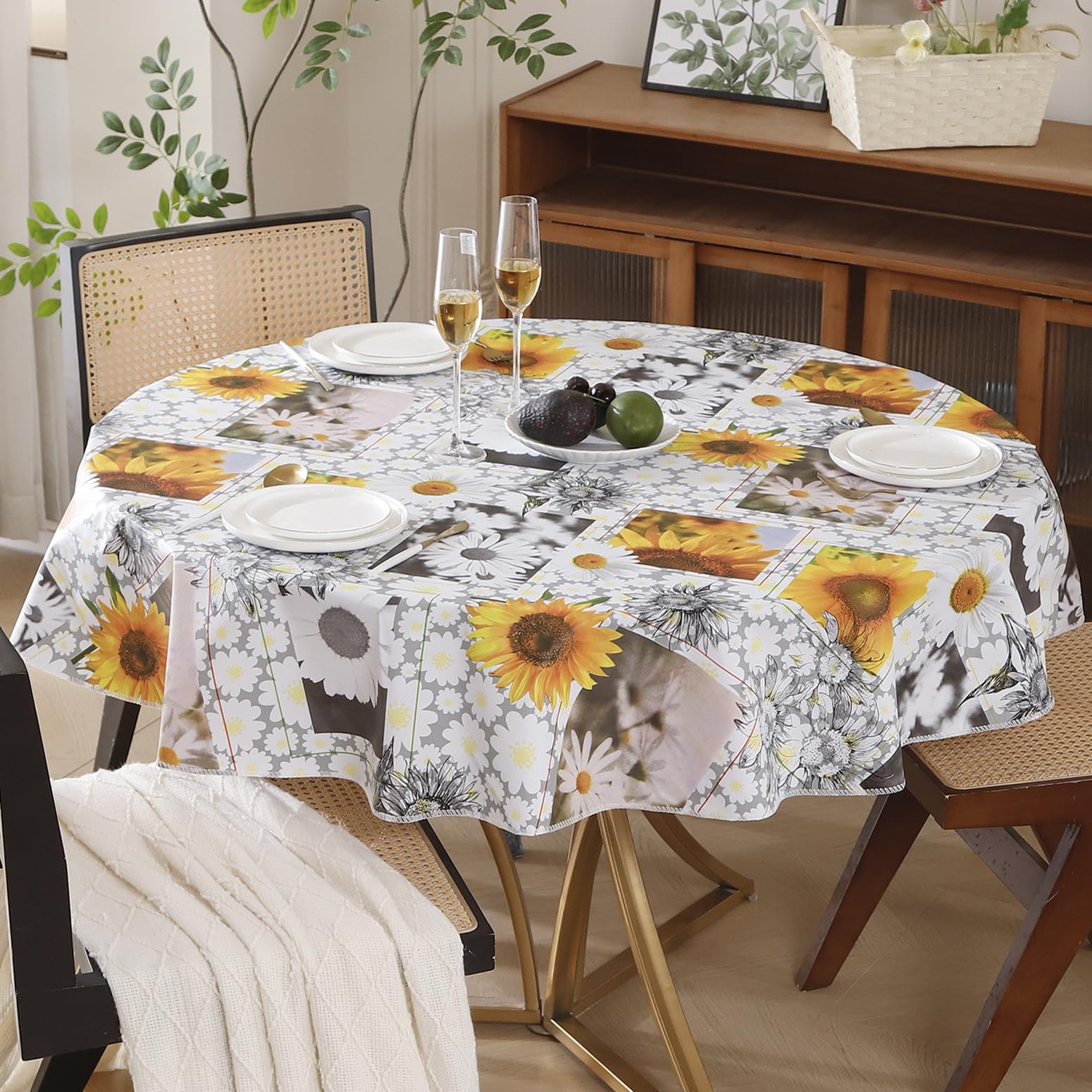 Round Vinyl Tablecloth with Flannel Backing Waterproof Oil-Proof PVC Table Cloth Stain-Resistant Wipeable Table Cover for Round Table(70