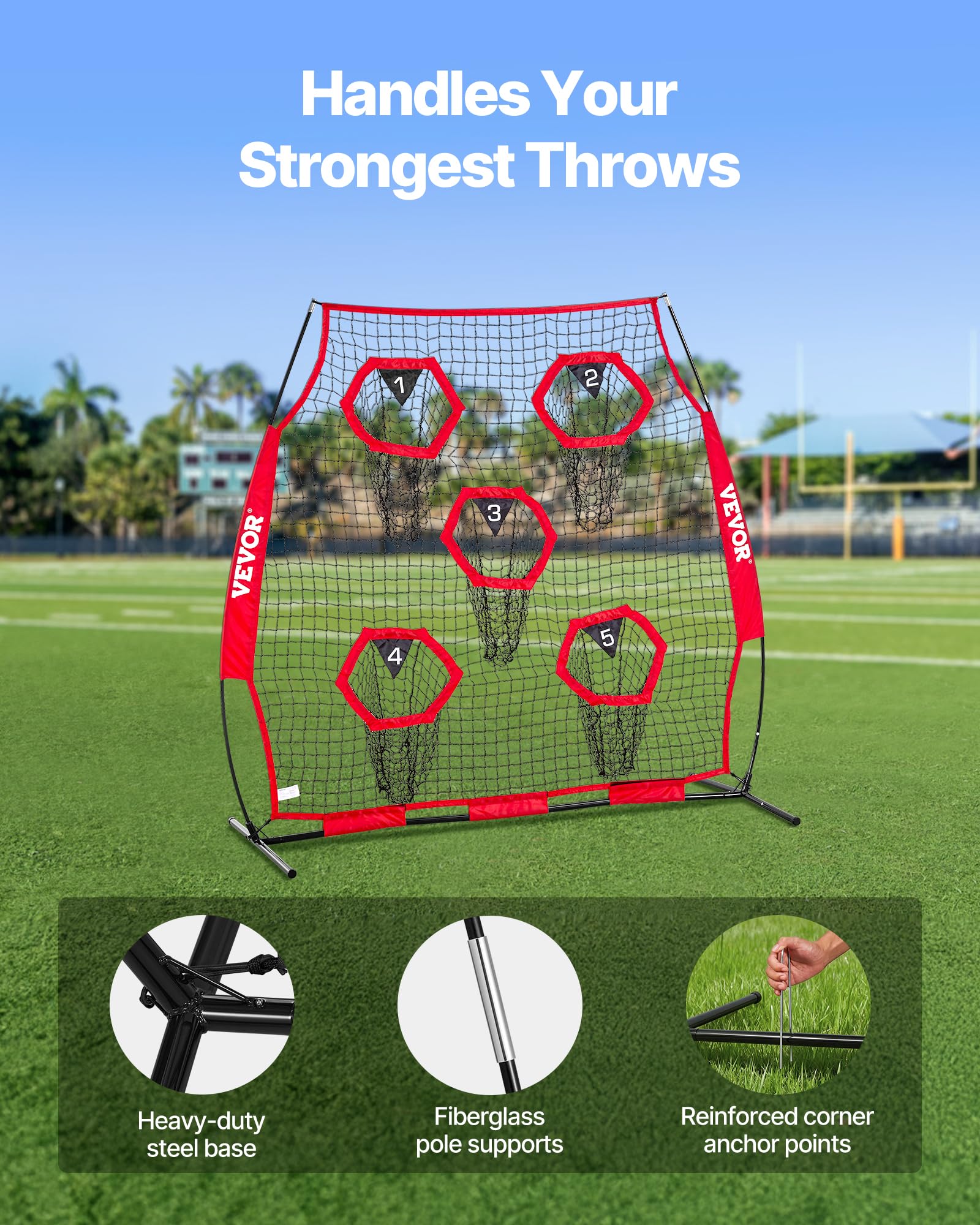 VEVOR Red de Lanzamiento para Entrenadores de fútbol, 1,8 x 1,8 m, Red de Entrenamiento con 5 Bolsillos para Diana, Red sin Nudos con Correas y Bolsa de Transporte, Mejora la precisión de Lanzamiento
