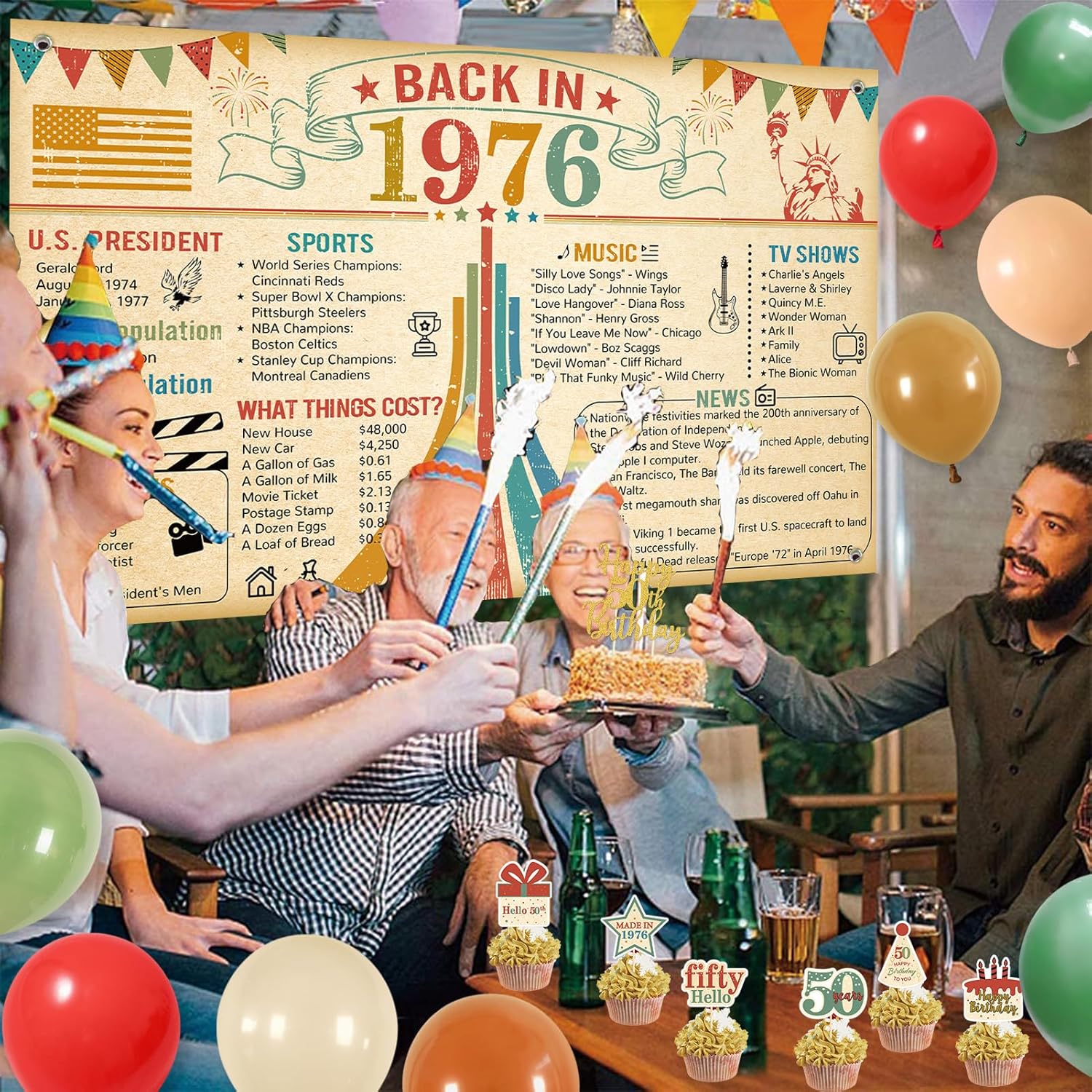 Trgowaul Vintage Colorful 50th Birthday Decorations for Men Women, Back in 1976 Birthday Party Supplies, Back in 1976 50th Backdrop Banner, Hanging Swirl, Cup Cake Toppers, Cheers to 50 Years Old Set - Image 4