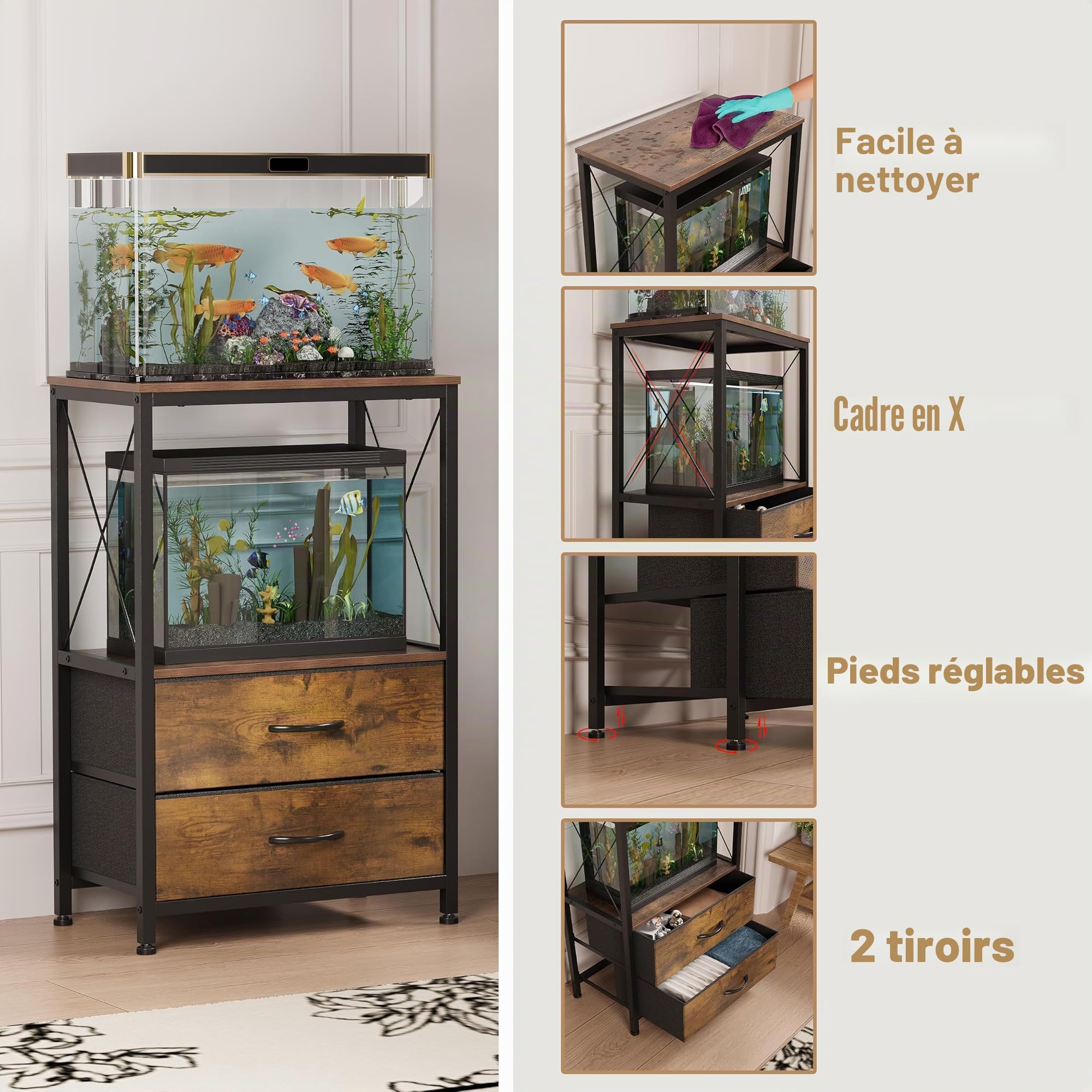 Support d'aquarium 38 L avec 2 tiroirs, étagère 40 L pour poissons tortues reptiles, table 2 étages marron rustique