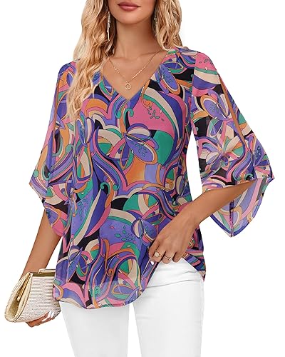 Bebonnie Womens Ruffle 3/4 Sleeve V Neck Double Layers Chiffon