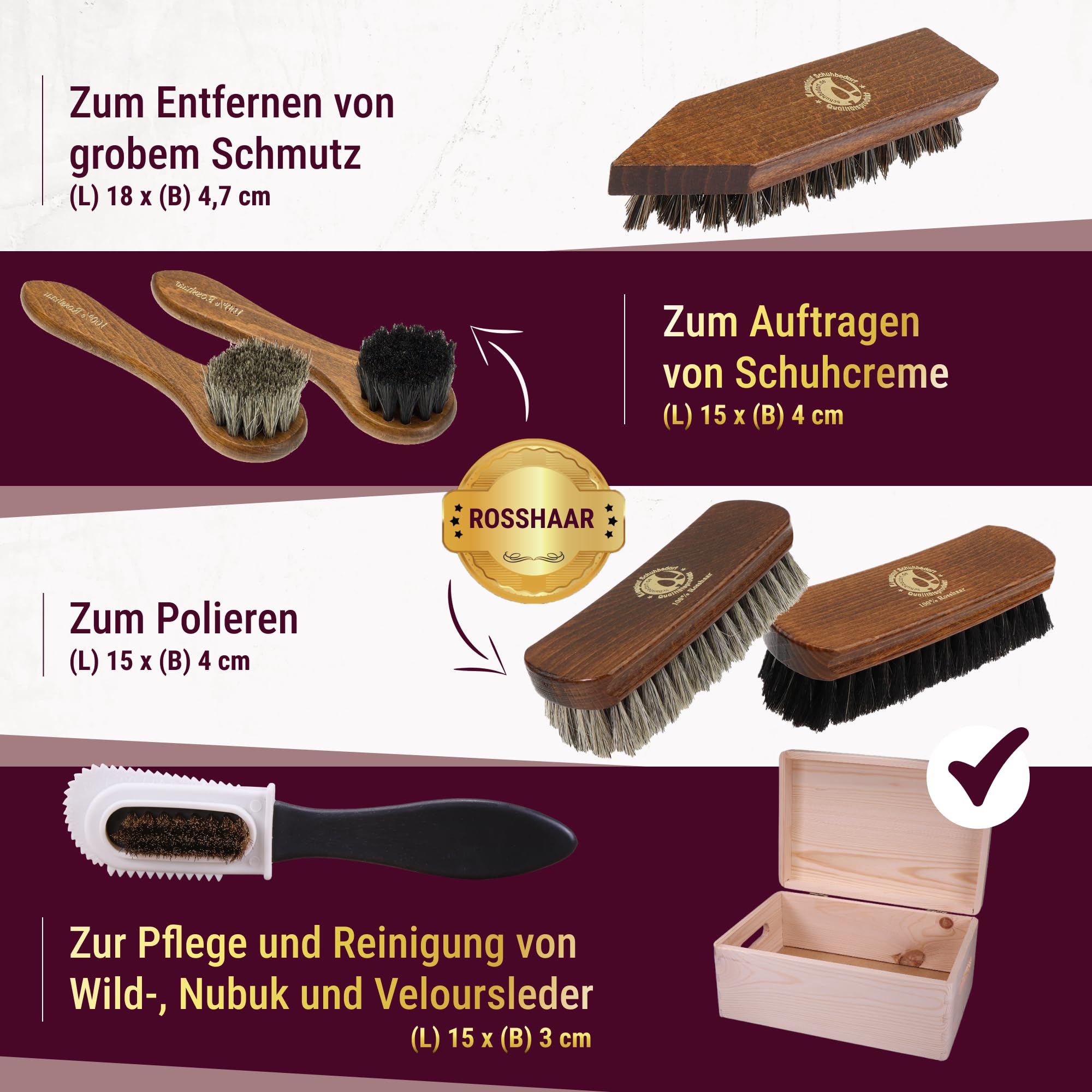 Langlauf Schuhputzset 13tlg Venezia - Schuhpflege Glatt- & Wildlederbürsten | mit Schuhcreme farblos/schwarz, Imprägnierung, Velours- & Nubukpflege, Rosshaarbürste Schuhbürsten Set für Glanz & Reinigung