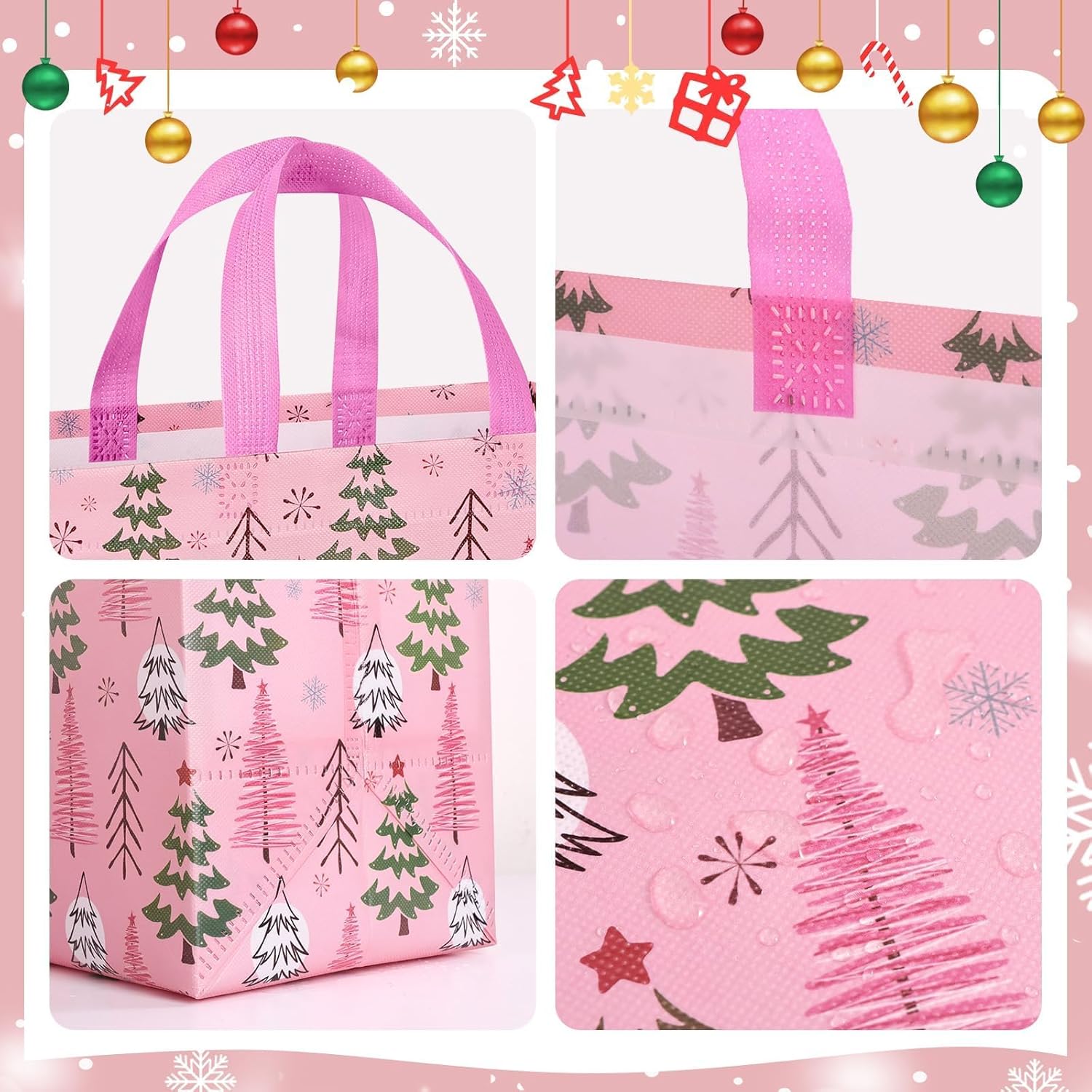 Christmas Non-woven Gift Bags: 8pcs Pink Multifunctional Reusable Wrapping Shopping Treat Bags with Handles, Gingerbread Nutcracker Santa Claus Xmas theme Pattern, for Presents Birthday Wedding Party - Image 3