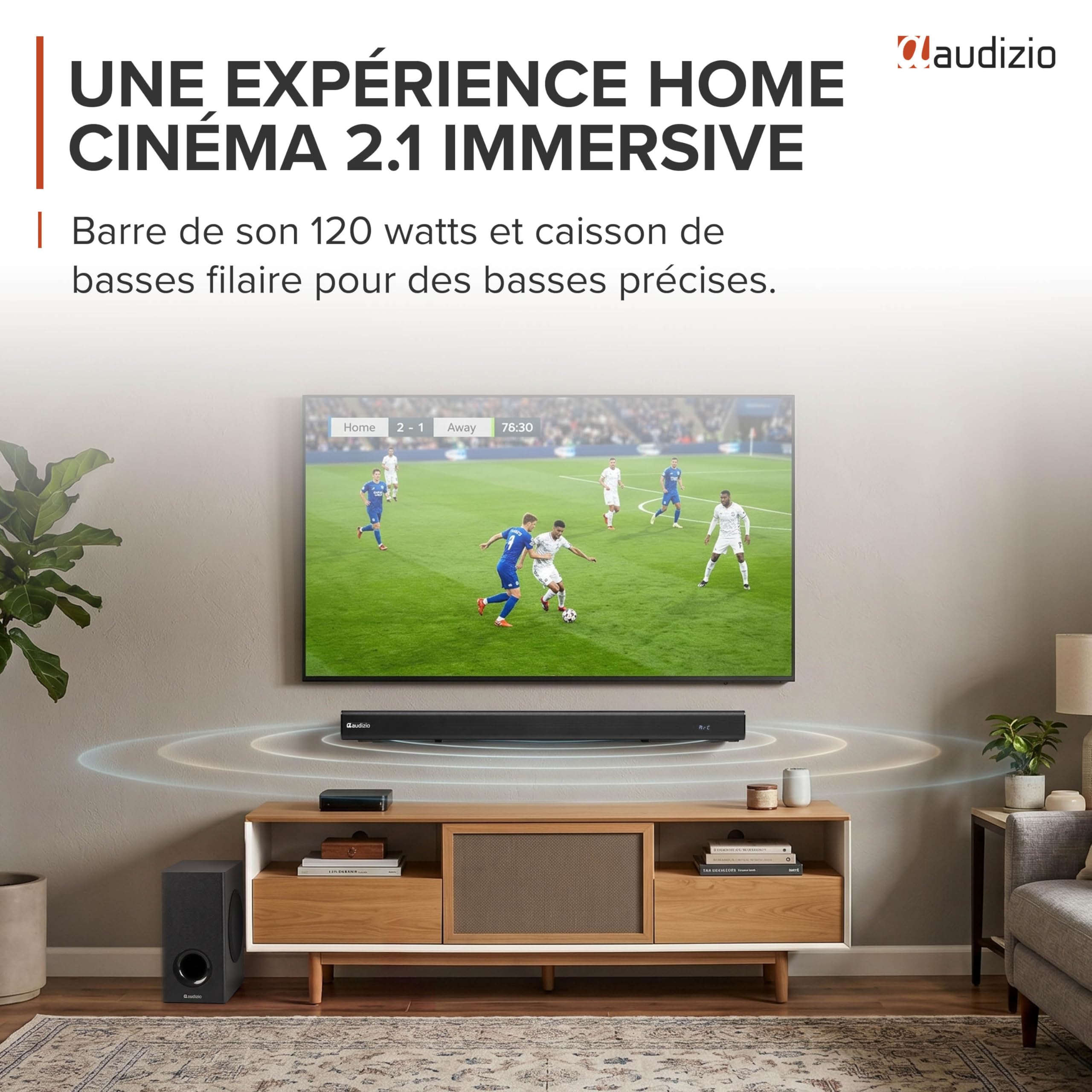 Audizio SB82S Barre De Son avec Caisson de Basse Filaire Bluetooth 5.3 HDMI Arc 120W, Soundbar 2.1 80 cm Optique, USB, AUX, Son TV Plus Puissant avec des Basses Profondes, Films, Musique et Jeux