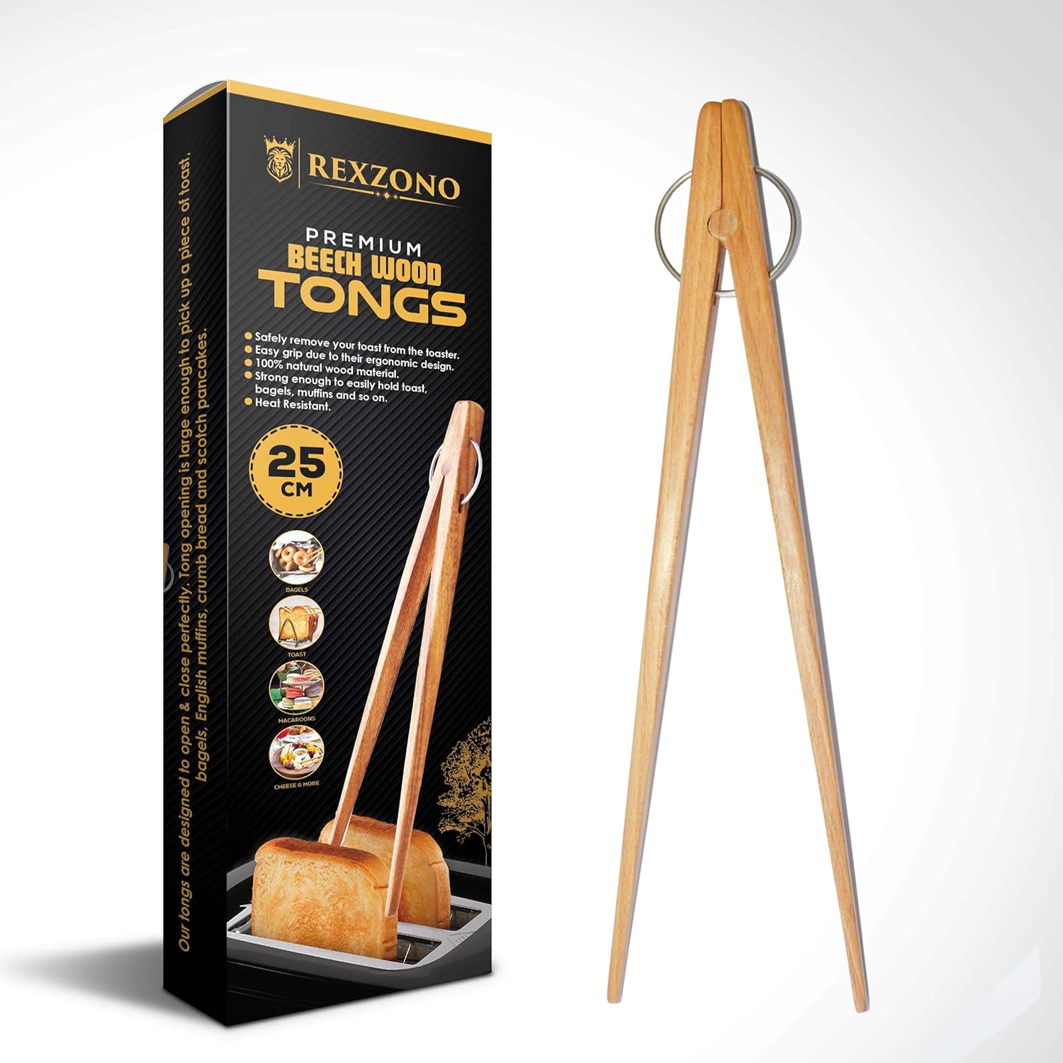 Rexzono® Long Wooden Tongs for Toaster, 25cm, Toast Grabber, Food Tongs