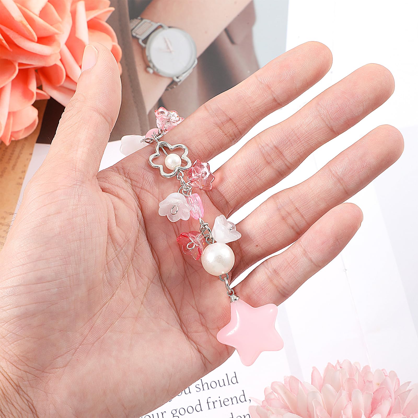 Mabor Pendentif téléphone portable rose fleurs étoiles Y2K dragonne porte-clés