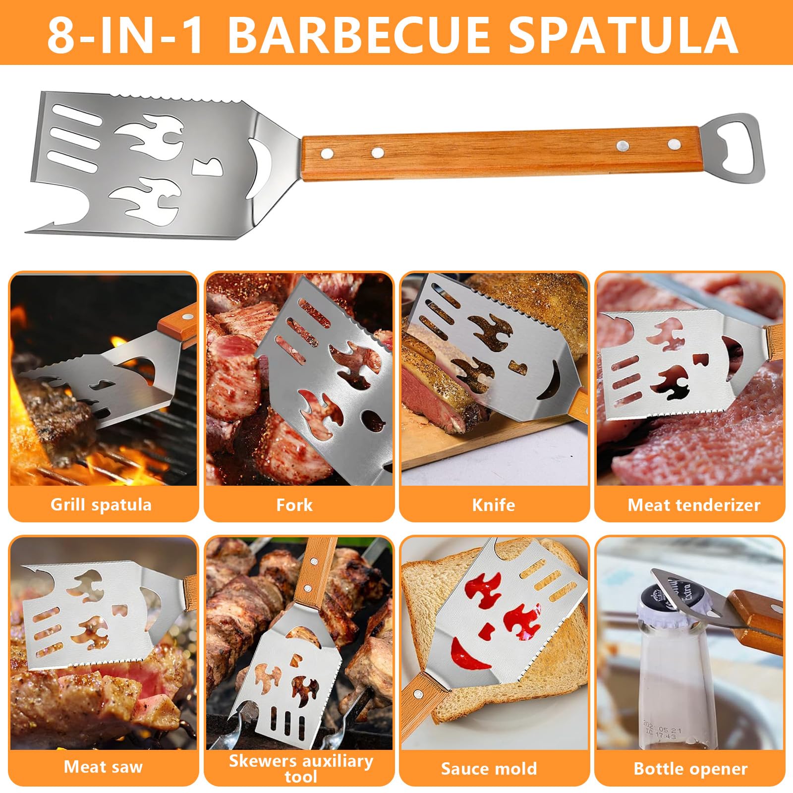 2 Pièces Spatule Barbecue, Spatule Barbecue 8 en 1 en Acier Inoxydable avec Manche en Bois pour Picnics et Outdoor
