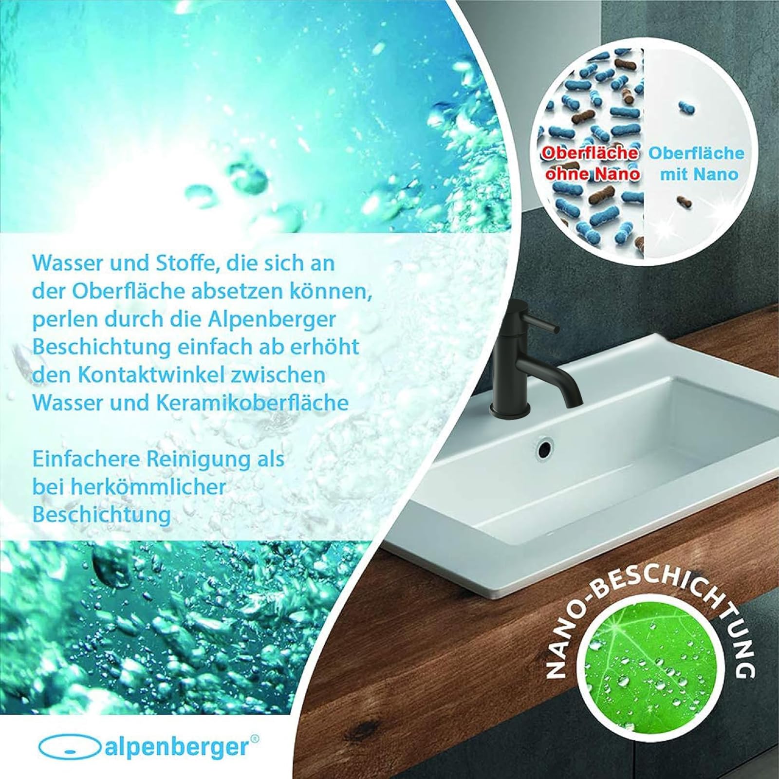 Alpenberger Einsatz-Waschbecken mit Nanoversiegelung I Waschbecken 60 cm Rechteckig | Einbauwaschtisch mit Hahnloch & Überlauf | Waschplätze für Bad und Gästeklo | Badwaschbecken mit Lotuseffekt