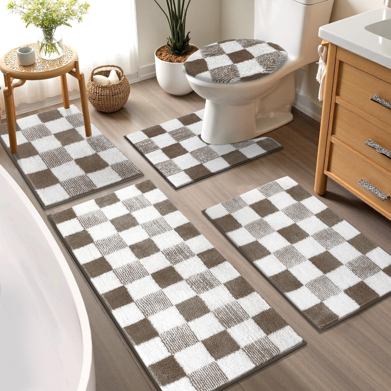 Yamaziot Checkered Bathroom Rug Sets 5 Piece, Non-Slip Ultra Absorbent Microfiber Bath Mats, Machine Washable Plush Shag Ultra Soft Bath Rug for Bathroom, Shower, Brown