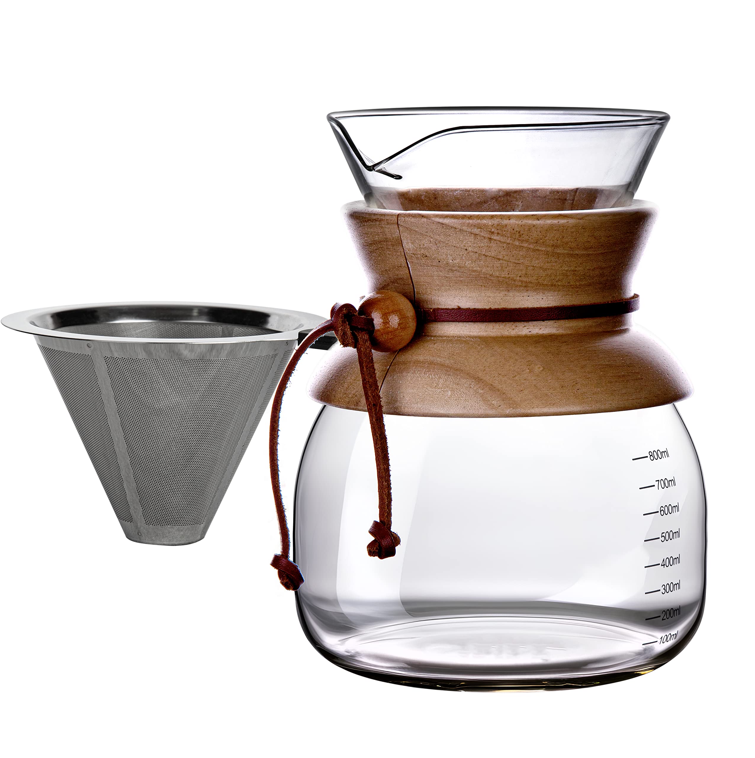 AGOGOPour Over Glass Coffee Maker Dripper with Metal Filters Carafe High Capacity 8 Cup