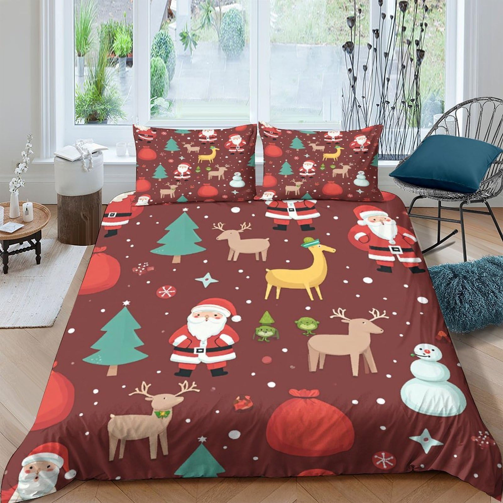 TUFRTGYHN 3D Printed Christmas Santa Duvet Cover Microfiber Soft Breathable Reindeer Snowman Quilt Cover Set with 2 Pillowcases for Bedroom Decor, Red Single（135x200cm）