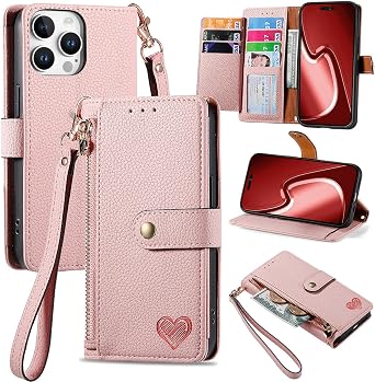 Case for iPhone 16 Pro 6.3", Zipper Wallet Case with 7 Credit Card Slot Holders Lovely Heart Magnetic Kickstand Shockproof Flip Cover Case for iPhone 16 Pro 6.3"-Pink