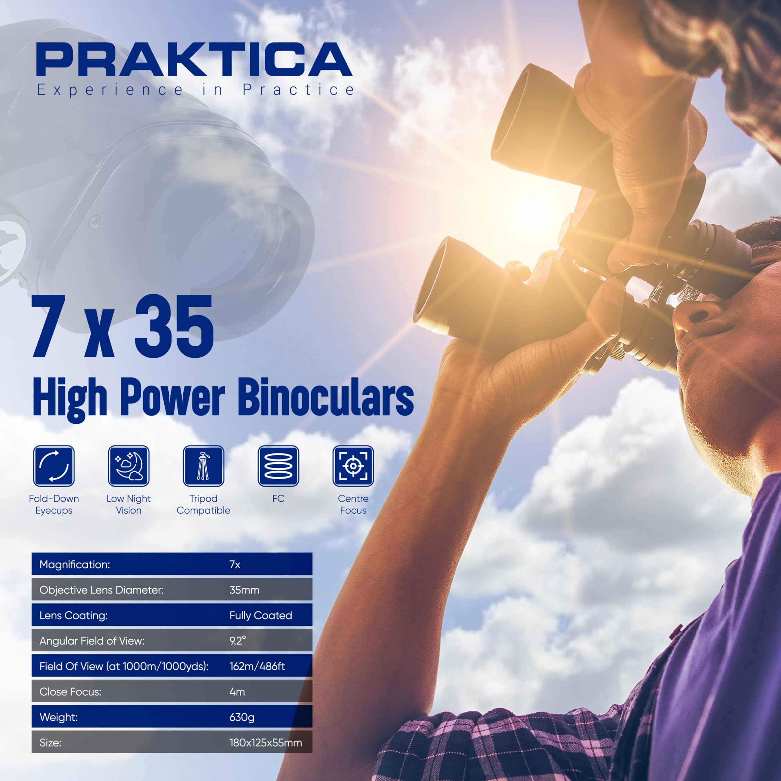 Praktica Falcon Jumelles Noires 7 x 35 mm Prism Field – Compactes, lentilles entièrement revêtues, Construction Robuste, châssis en Aluminium, Image Nette et Claire, Observation des Oiseaux, Voile,