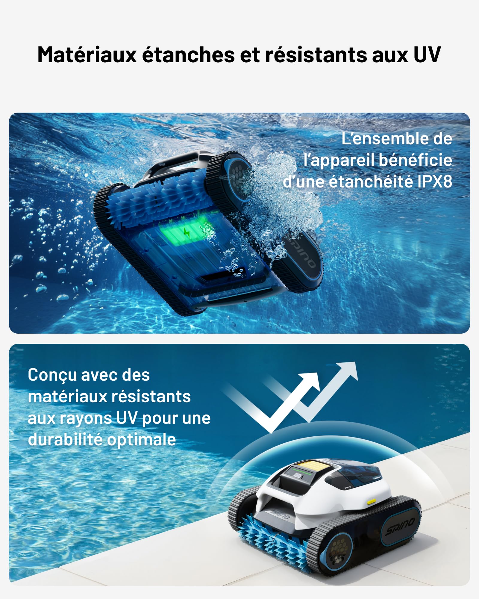 SPINO E1 Robot Piscine Fond et Parois, Ligne d'eau | Autonomie de 210 Min, 21950 LPH Max, 5 Modes, Navigation Trajet SmartArc, Contrôle par App, pour Piscines 150㎡