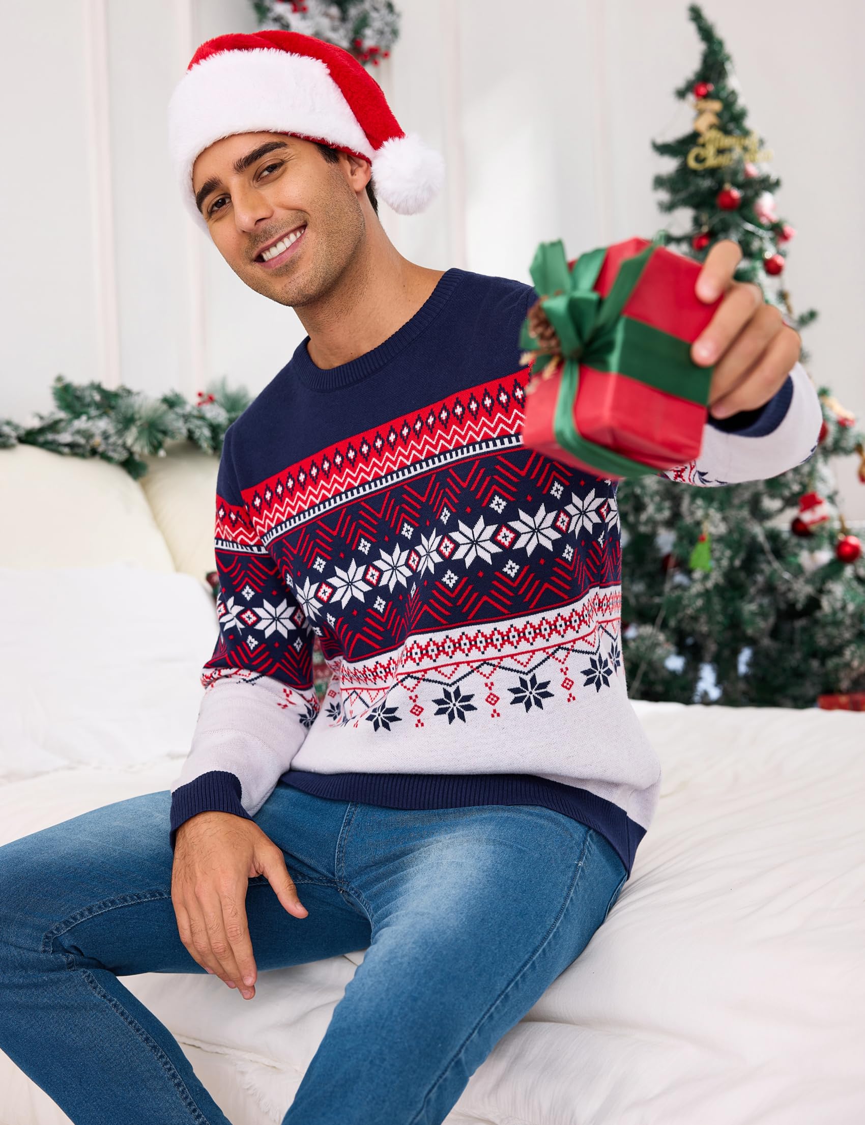 Maglione Natalizio Uomo Maniche Lunghe Girocollo Motivo Renna | Tessuto Morbido, Maniche Lunghe, Lavorazione a Maglia, Calore Confortevole, Vestibilità Regolare, Autunno e Inverno