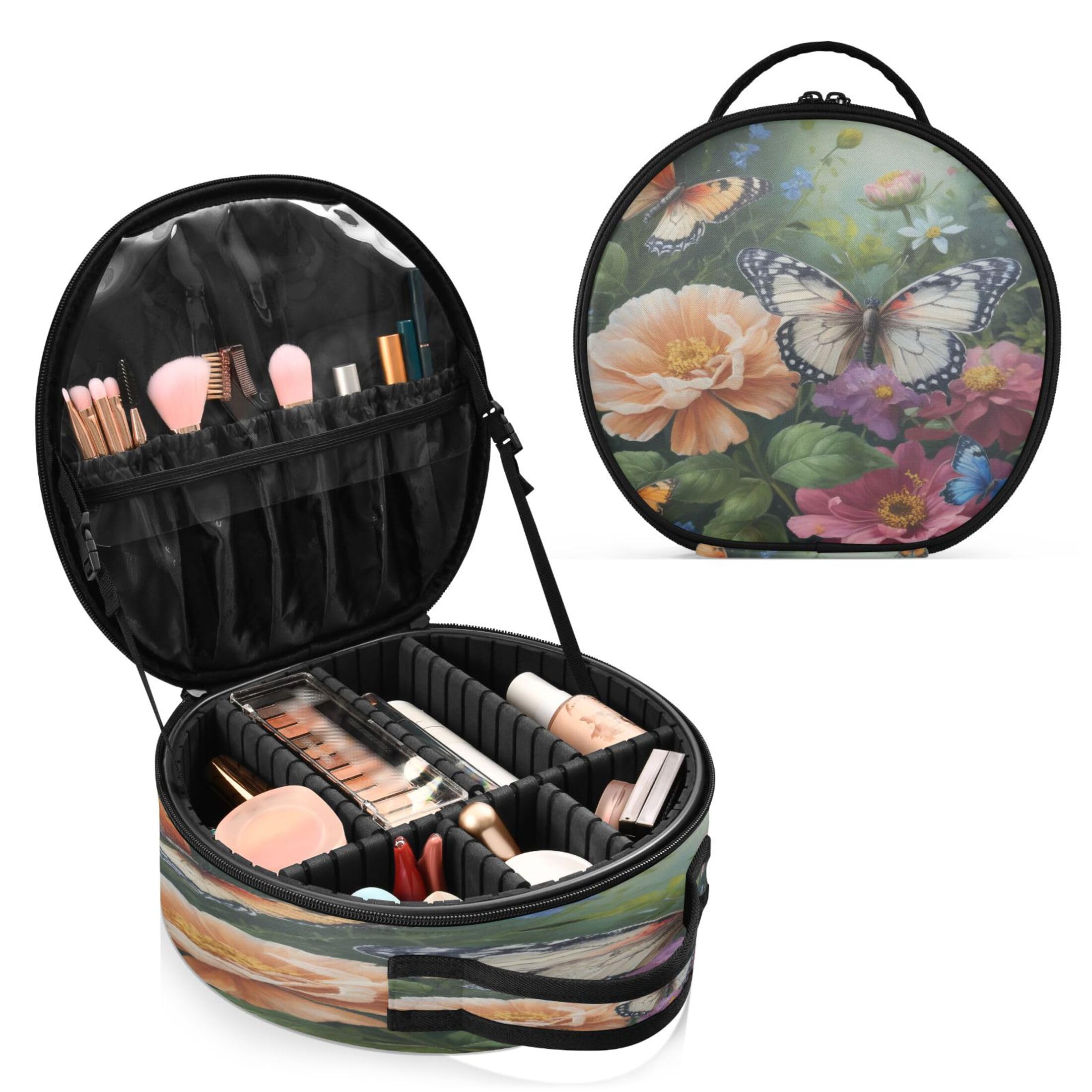 Takiito Spring Flowers Butterfly Travel Makeup Case Portable Makeup Box Artist Cosmetic Case Organizer With Adjustable Dividers