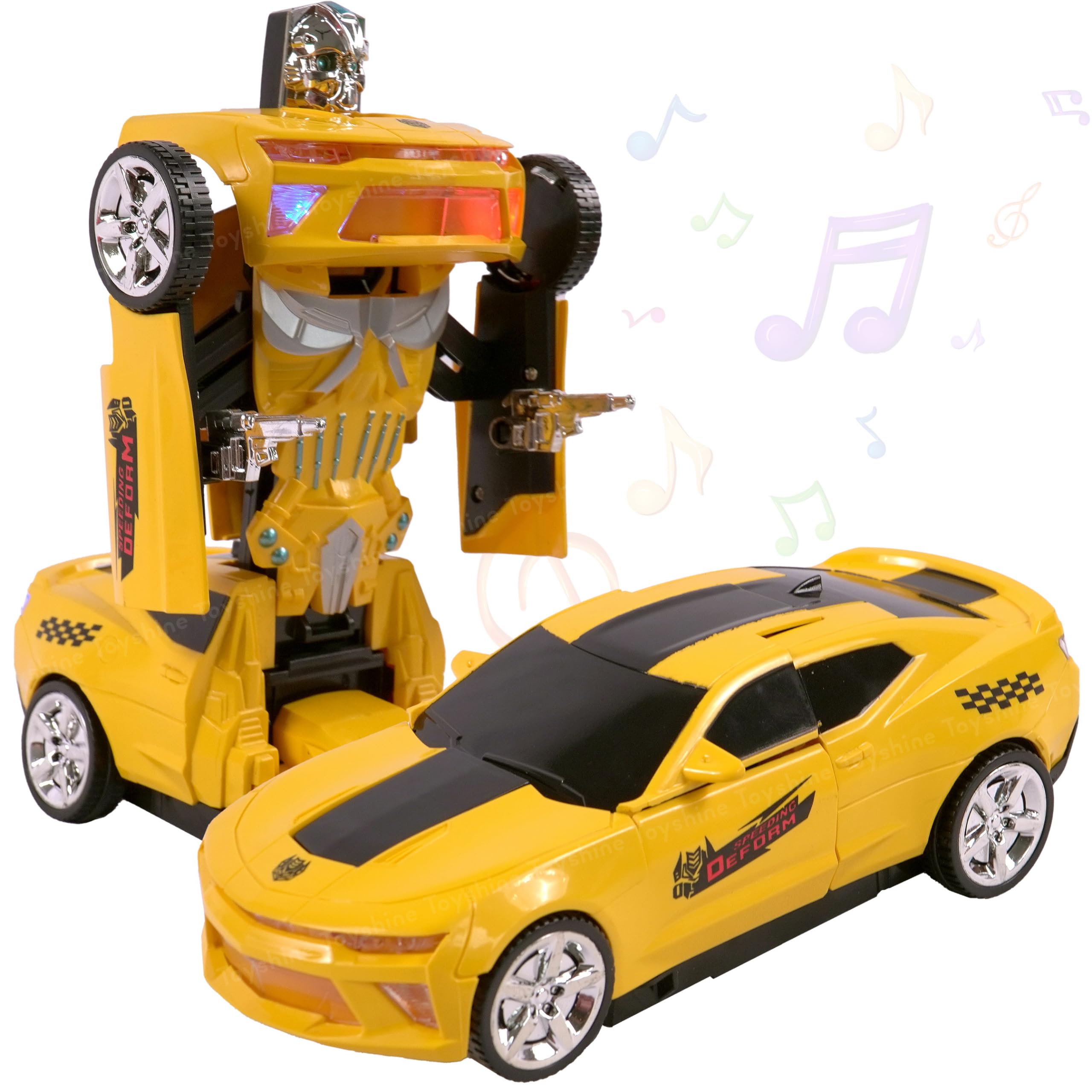 Toyshine Kid 2-In-1 Auto Transforming Auto Robots Action Vehicle Toy With Light Music And Bump And Go Function - Yellow