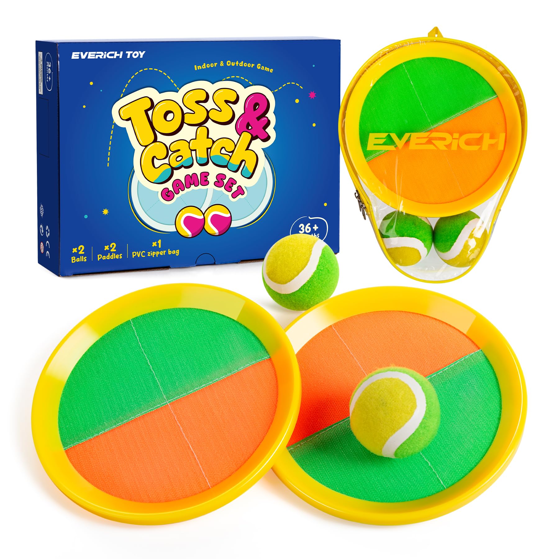 Toss and Catch Ball Game Set, Upgraded Sticky Paddle Ball Set for Kids & Toddlers, Sturdy & Water-Resistant Outdoor Backyard Beach Pool Toy, Birthday Gift for Boys Girls Ages 3-12 Orange Green 2 Paddles 2 Balls