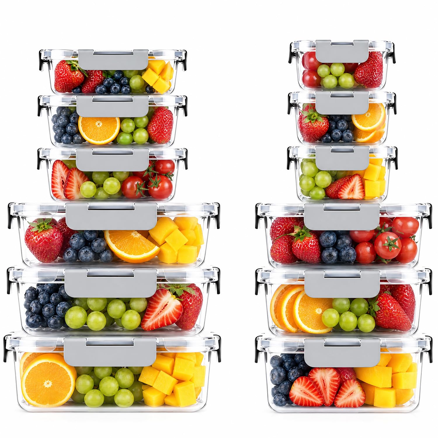 Confezione da 12 contenitori per alimenti in vetro con coperchio, contenitori ermetici in borosilicato, senza BPA, per forno a microonde e lavastoviglie, contenitori per pranzo e pranzo