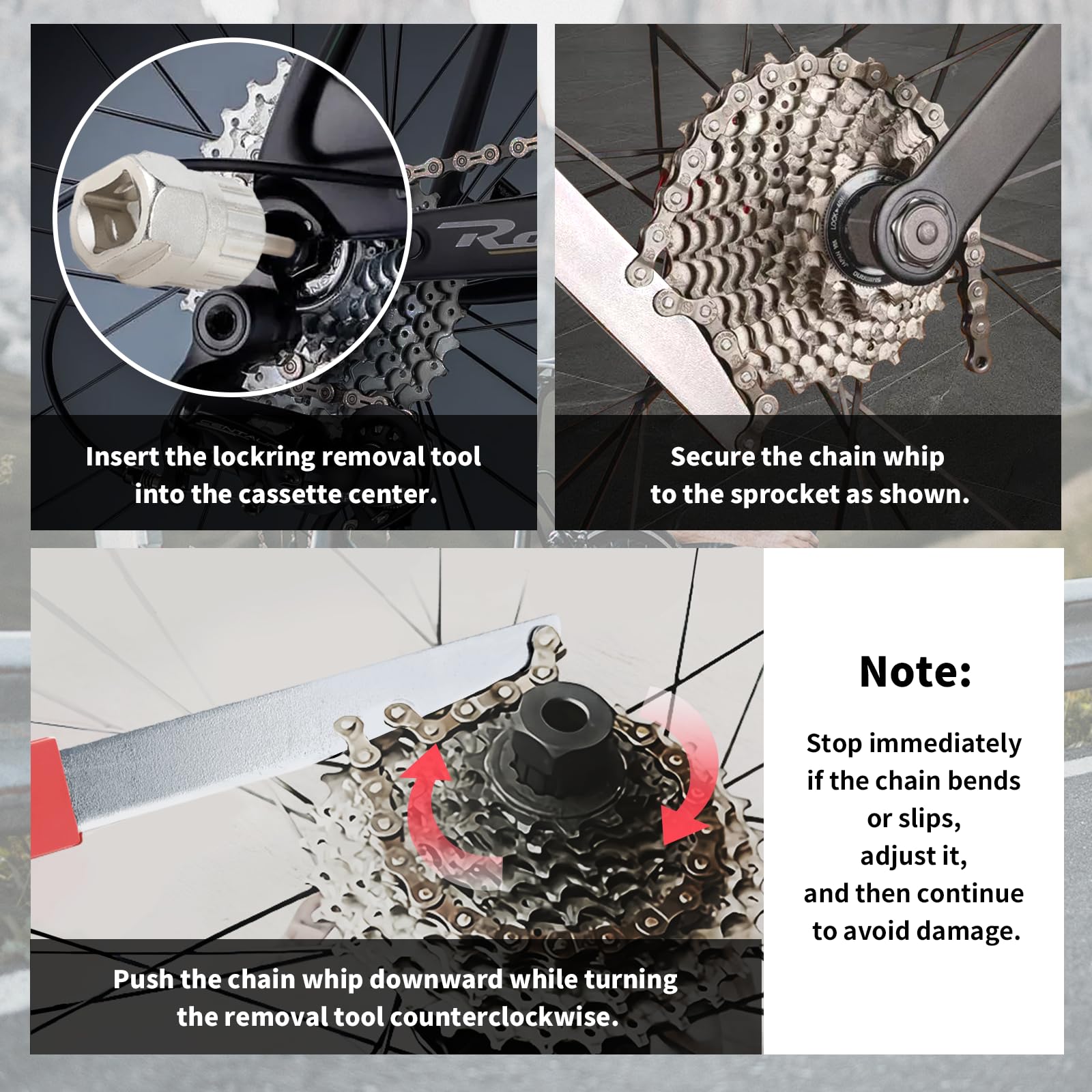 Kit Attrezzi Catena per Bici Chiave Pacco Pignoni e Estrattore Ruota Libera con Frusta per Catena per rimozione pignone sblocco Ruota Libera e Multi-velocità per Bici Corsa e MTB