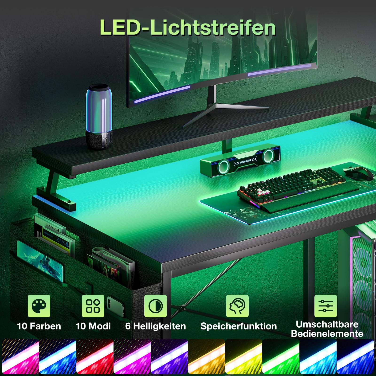 Coleshome Gaming-Tisch mit Stauraum, 120×80 cm Eckschreibtisch mit Regal & Stofftasche, reversibler L-förmiger Schreibtisch mit Steckdosen & LED für Büro & Arbeitszimmer, Schwarz