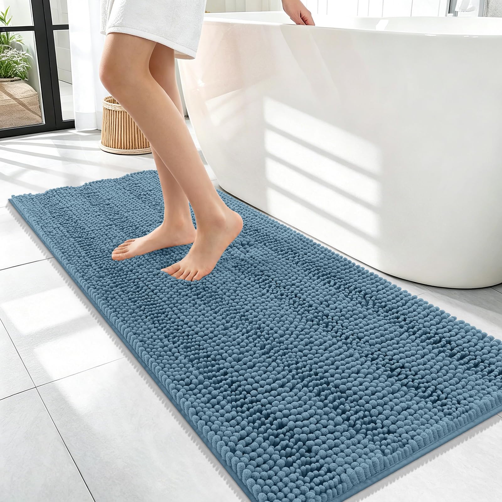 OLANLY Thick Bathroom Runner Rugs 47x17, Soft Chenille Bath Rugs, Airy Blue