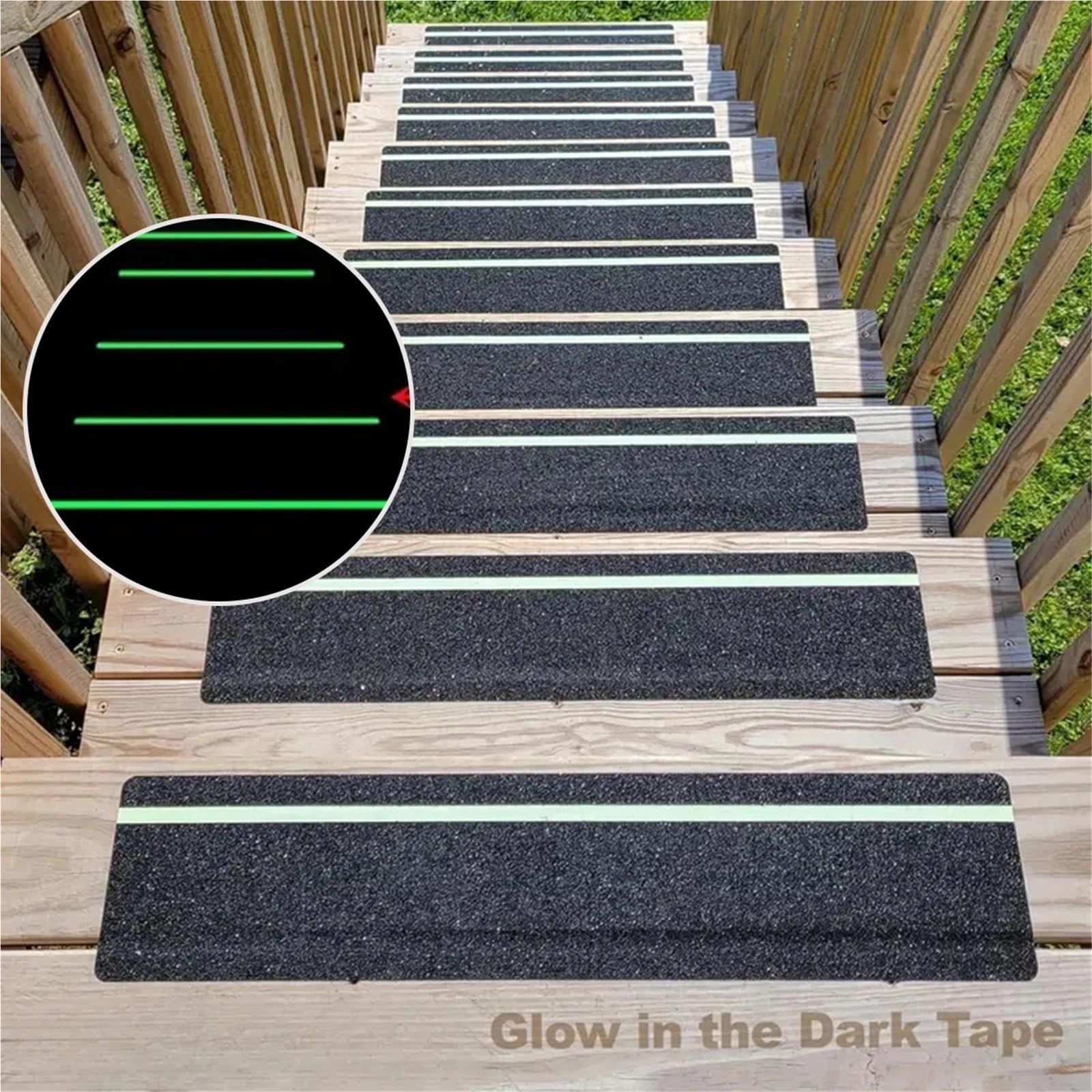 Cinta Antideslizante Cinta de tracción antideslizante que brilla en la oscuridad, con rayas verdes y adhesivo abrasivo de fricción for escalones de escalera, for interiores y exteriores.(Black 10pc)