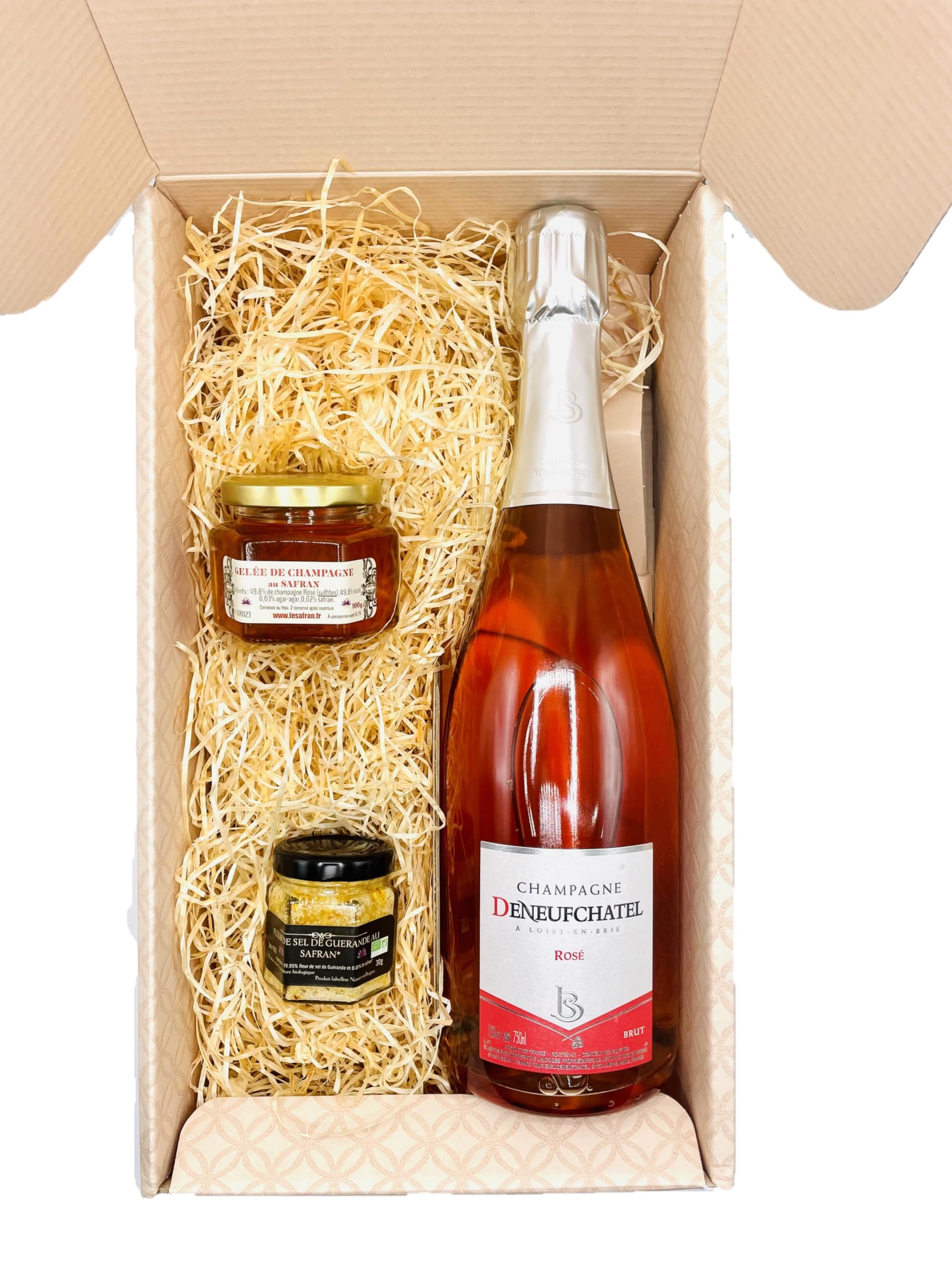Coffret Champagne Rosé, 75cl, AOC - Gelée de champagne Rosé-Fleur de sel au safran, 30g Direct productrices françaises - BIO