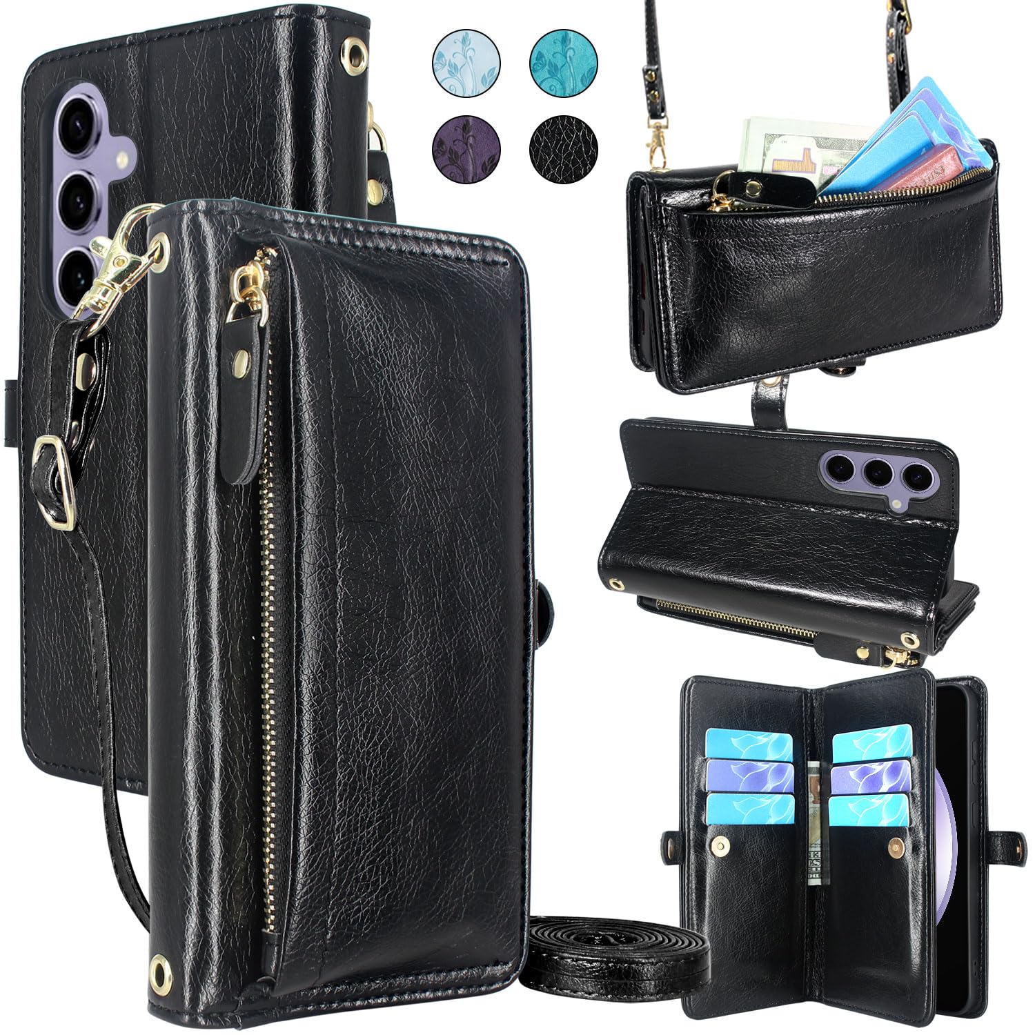 Lacass Crossbody Wallet Case for Galaxy S23FE,[Cards Theft Scan Protection] Card Holder Zipper Flip Leather Cover Wrist Strap Stand for Samsung Galaxy S23 FE 5G(Black)