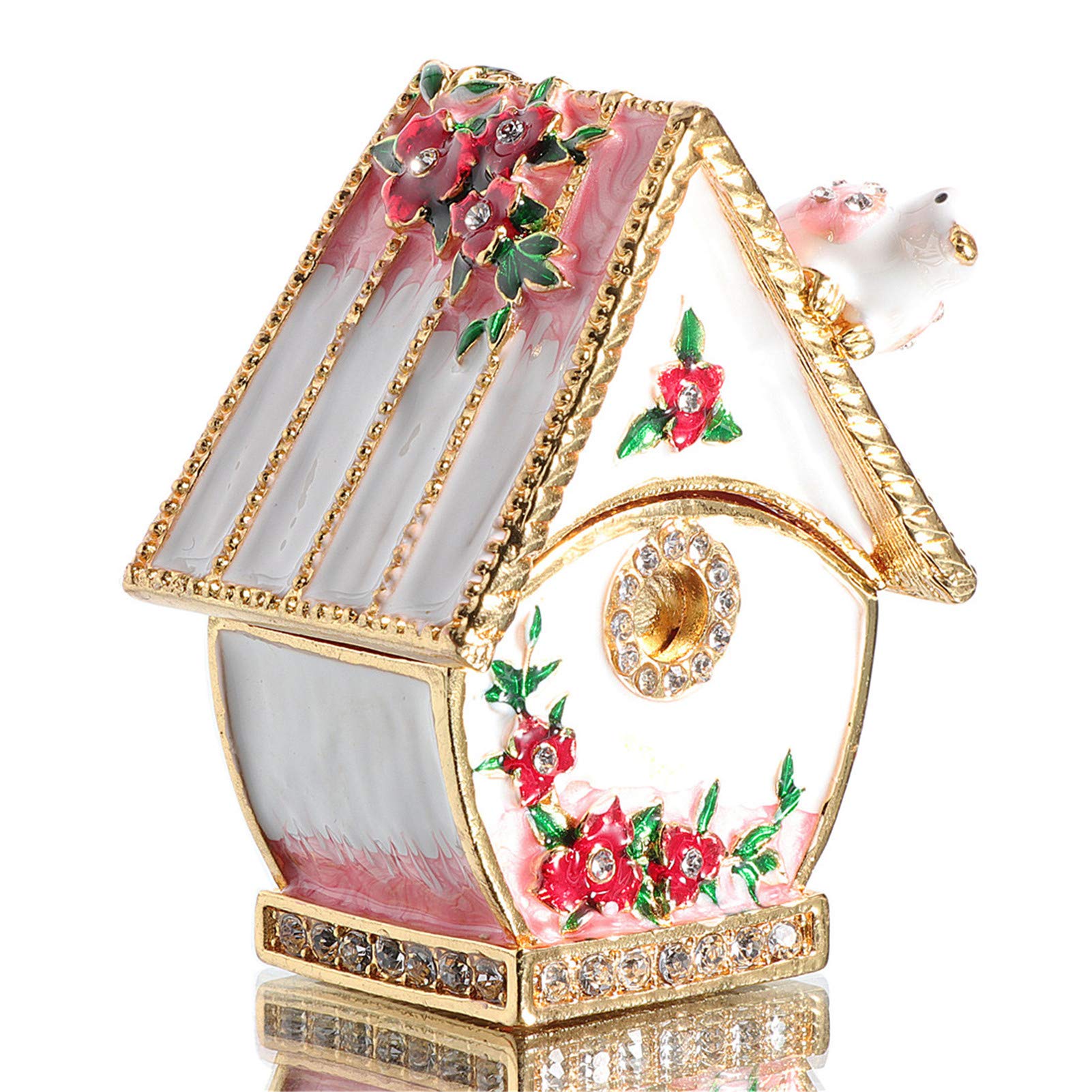 Waltz&FWaltz&F Bird House Metal Trinket Box Jeweled Hand-Painted Ring Holder Animal Collectible Figurine Decoration